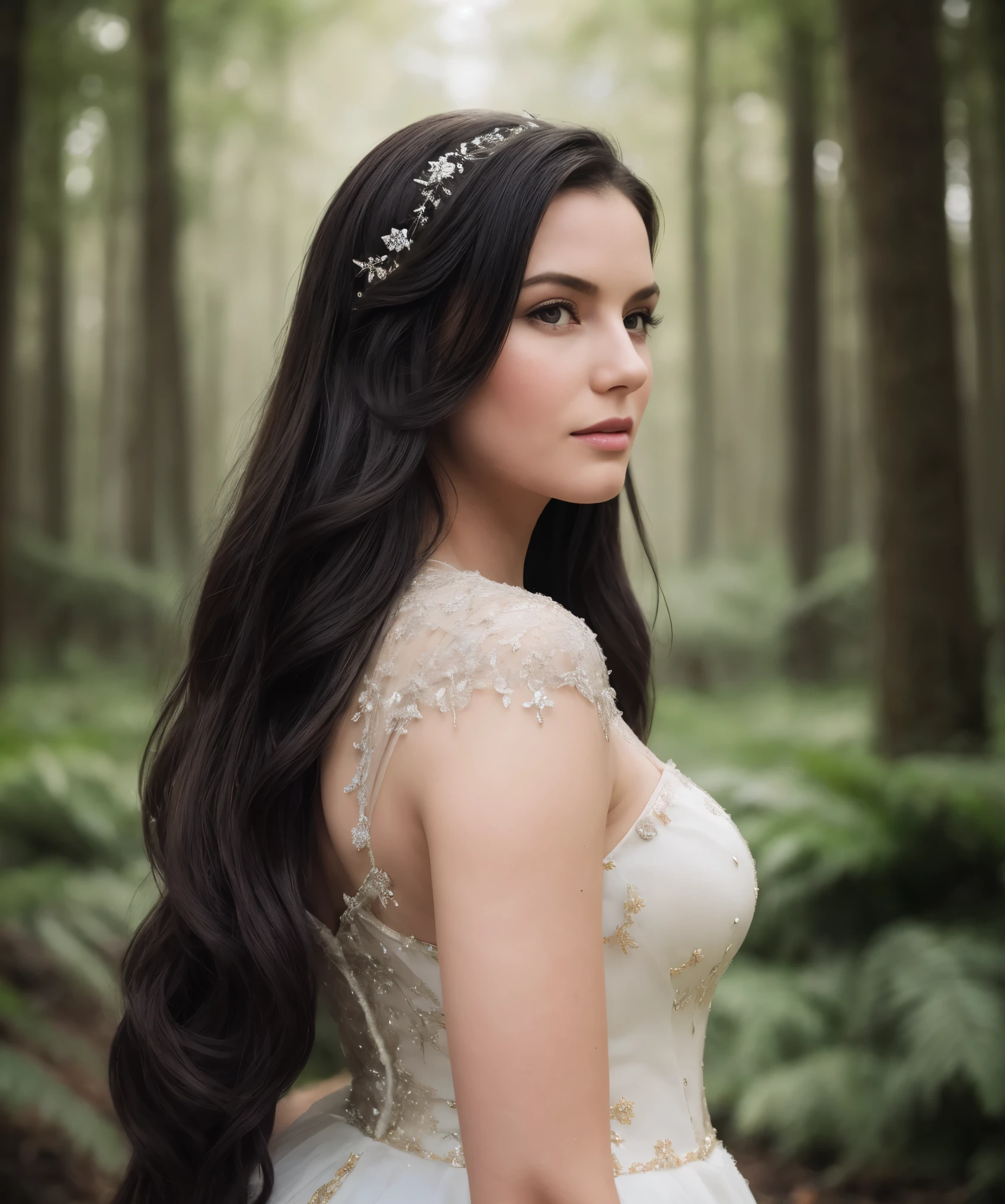 (Photorealistic:1.2), (8K), (Masterpiece), Dark epic portrait of Snow White, long raven locks flowing in ethereal breeze, haunting pale complexion, midnight ballgown with intricate embroidery hugging curves, powerful stance in mystic moonlit forest, magic shimmering particles, highly detailed couture/nature textures inspired by iconic Disney style.