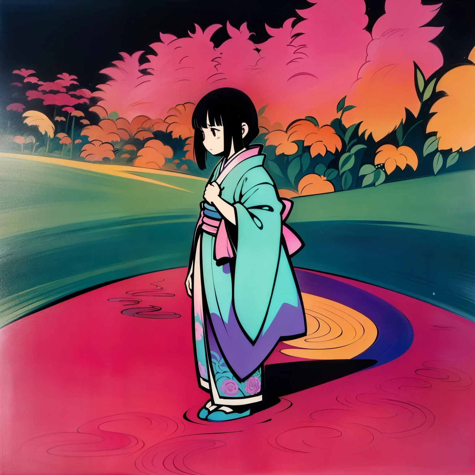 "2D,old traditional painting,japanese old art, vectorial art, flat art, manga art." japanese woman with a cyan kimono on a rose field, at night . ((fuschia variation: 1,5)) ((cyan variation:1,5)) (other colors:1,0) (traditional asian style:0,3) (japanese style:0,7)