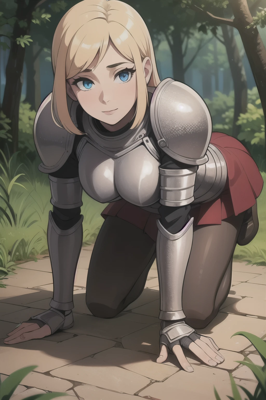 ((Best quality)), ((Masterpiece)), (detailed), perfect face perfect figure, Female Knight, Middle Ages, woman in knight's armor and leather clothes, blonde with blue eyes, One woman, In the forest, forest background, lots of bumpers, aged woman, stands on all fours, kneeling, black armor, Slave, enslaved a woman