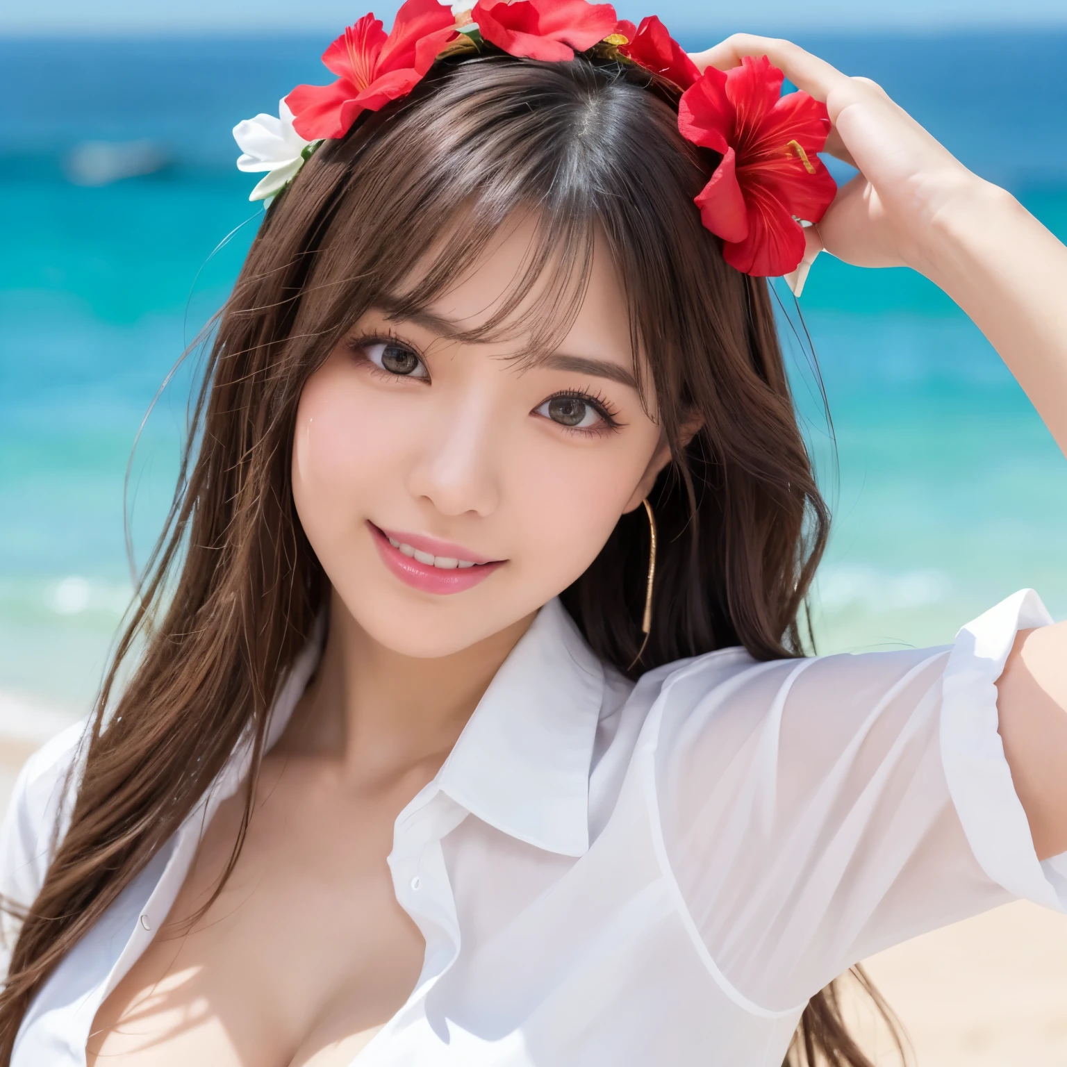 ((highest quality、table top、8k、best image quality、extremely complex and detailed depiction))、(1 person photo:1.1)、The best smile staring at the camera、(beautiful beach:1.05)、(fully expose the chest:1.1)、(There is a red hibiscus hair ornament on her head.。:1.15)、(White polyester shirt worn unbuttoned:1.2)、high school uniform、(Huge breasts that are about to burst:1.1)、(emphasize body line:1.1)、cleavage、(close up of face:1.2)、glamorous body、hair swaying in the wind、sandy beach、beautiful sea、Recreate the perfect details of a deserted island、(clear, Sparkling, livebee:1.1)、Complex sea glow、beautiful seaの詳細が描かれています、Brightly lit face、Ultra high definition beauty face、ultra high definition hair、Super high-definition Sparkling eyes、(Pure white skin shining in ultra-high resolution:1.1)、Super high resolution glossy lips、gravure pose、(very bright and vivid:1.2)