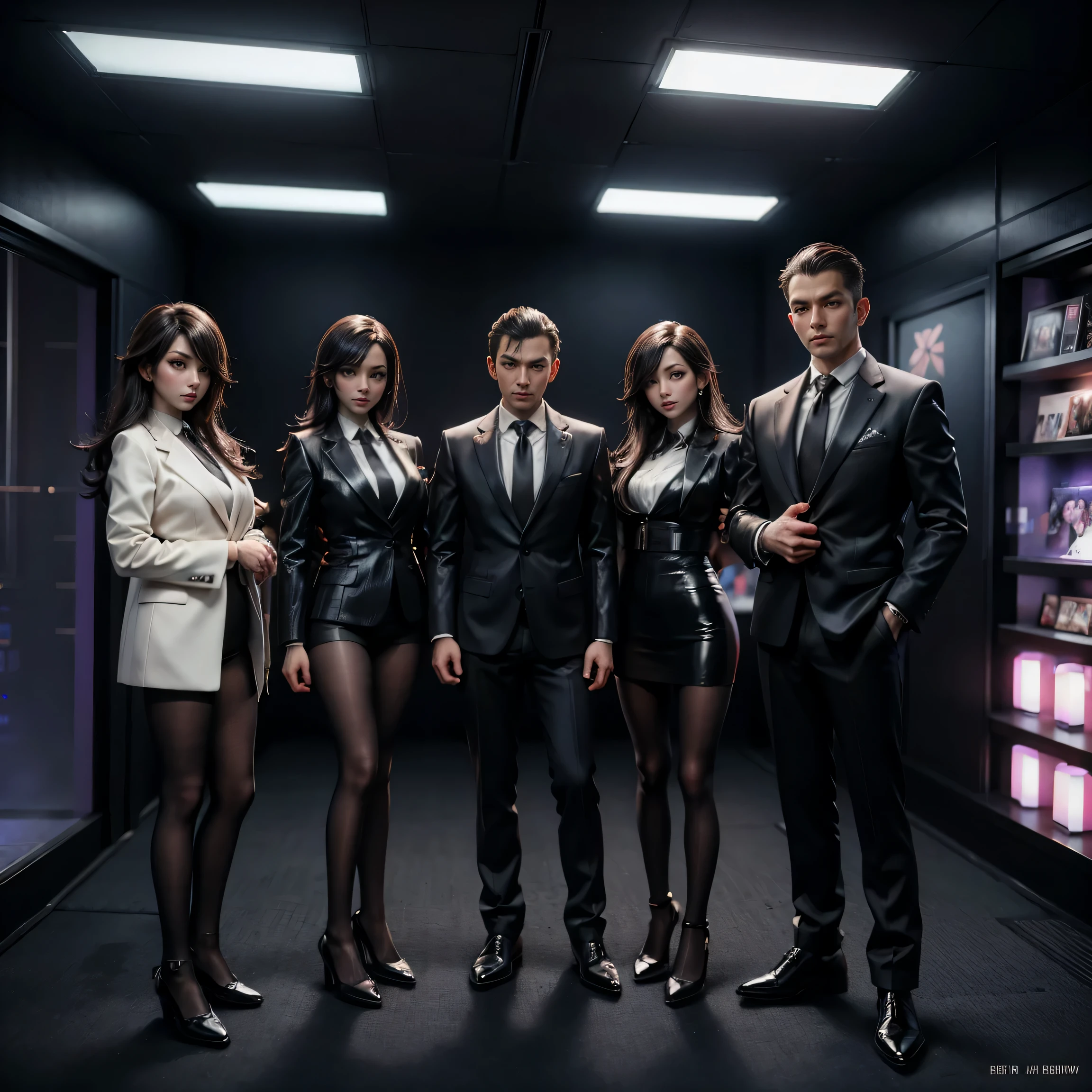 2 women and 2 men in suits and ties standing in a room, an album cover by Tadashi Nakayama, trending on cg society, futurism, perfect android girl family, japanese live-action movie, style game square enix, cybersuits, style game square enix life, posing in neo - tokyo futuristic, wearing a strict business suit, style of mirror\'s edge, wearing suits!
