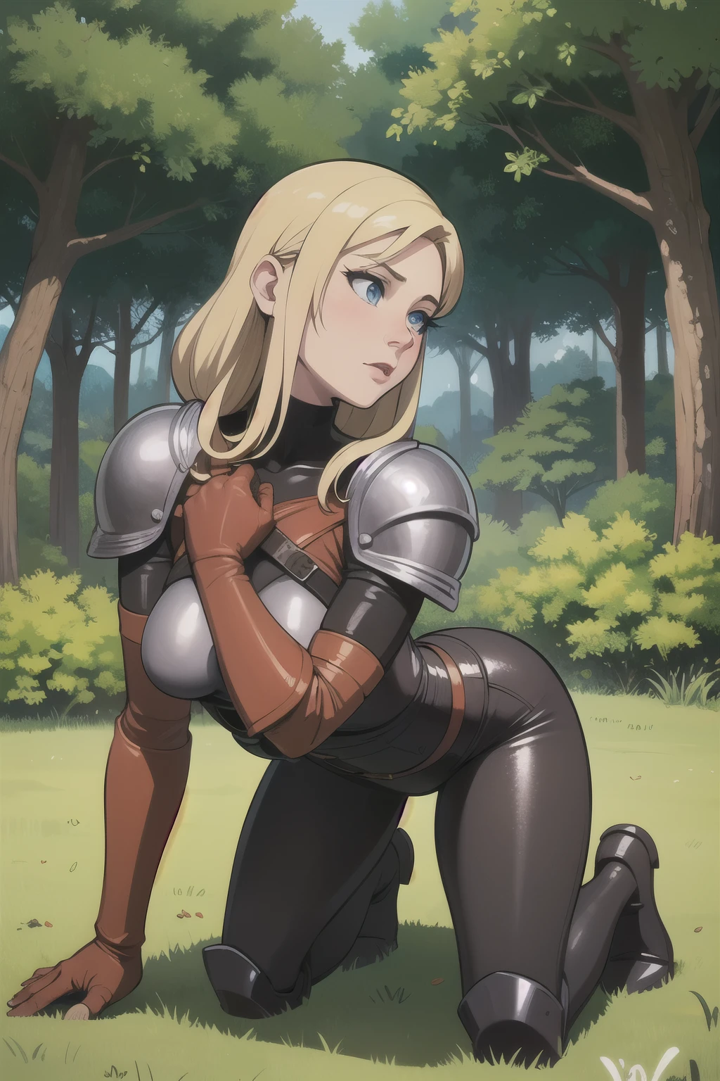 ((Best quality)), ((Masterpiece)), (detailed), perfect face perfect figure, Female Knight, Middle Ages, woman in knight&#39;s armor and leather clothes, blonde with blue eyes, One woman, In the forest, forest background, lots of bumpers, aged woman, stands on all fours, kneeling, black armor, Slave, enslaved a woman