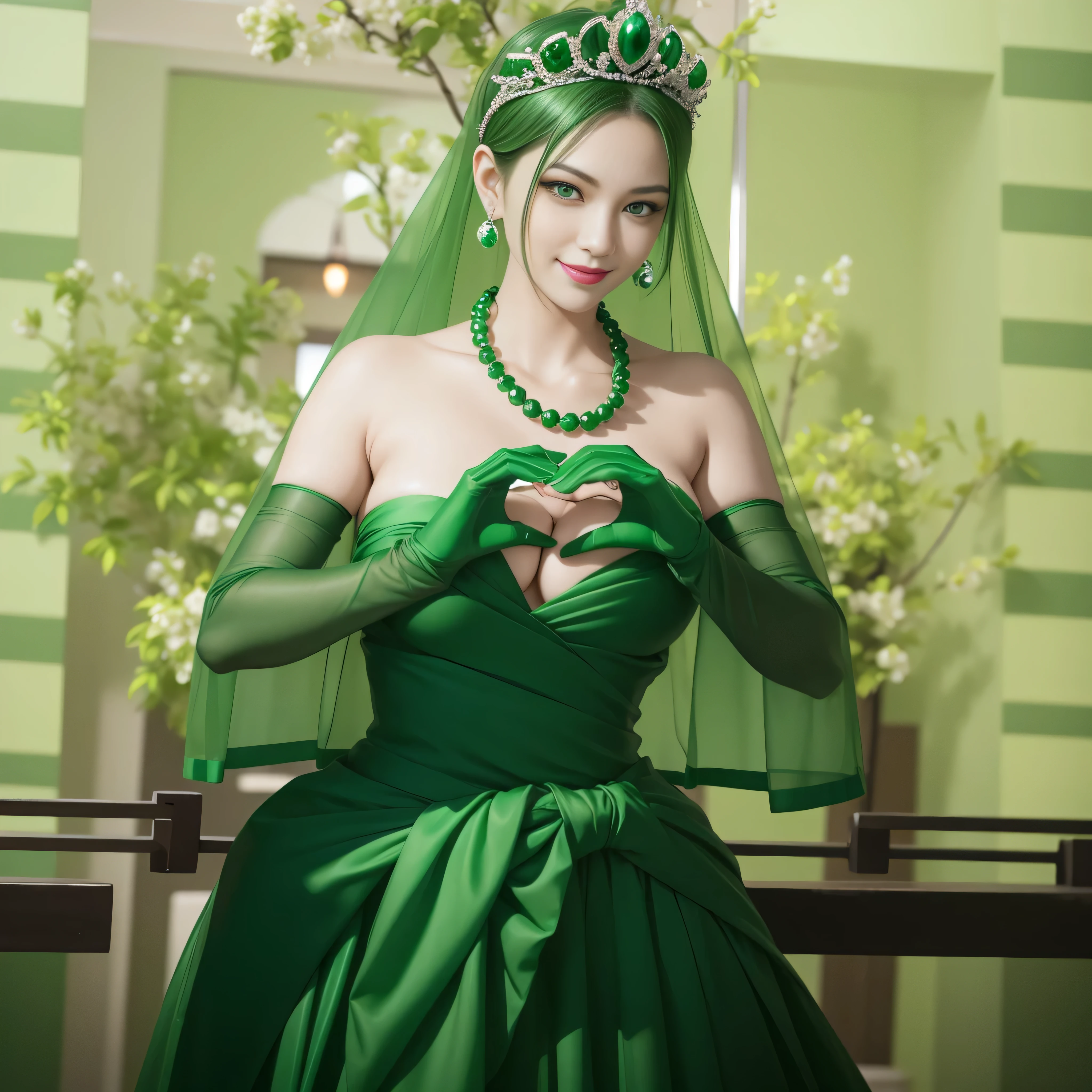 emerald tiara, Green Pearl Necklace, Boyish green berry short hair, lipstick, smiling Japanese woman, very short hair, big breasts beautiful, green eyes, green satin long gloves, green eyes, v sign, emerald earrings, Green veil, green lip gloss
