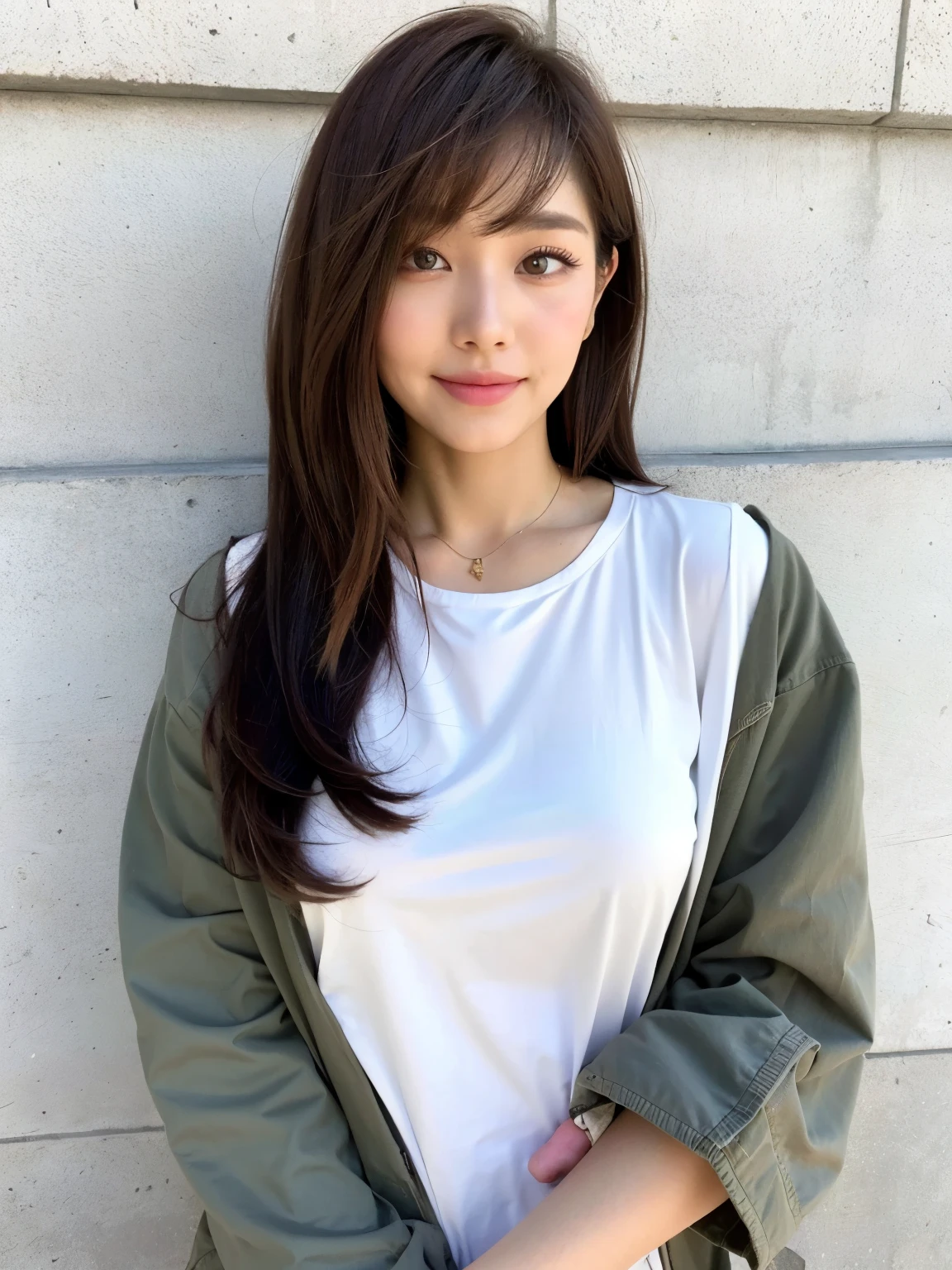 top quality, 1beautiful women, age 28, S, 35mm lens,, cowboy shot, concrete background、mortar style background、Reddish-brown hair color、Folding arms、 jacket、mortar style wall,from below、straight hair、straight hair、shiny hair,silky hair、ear-to-ear smile,"khaki hair color"、Pixie Cut,Pixie Cut、Korean style,concrete wall