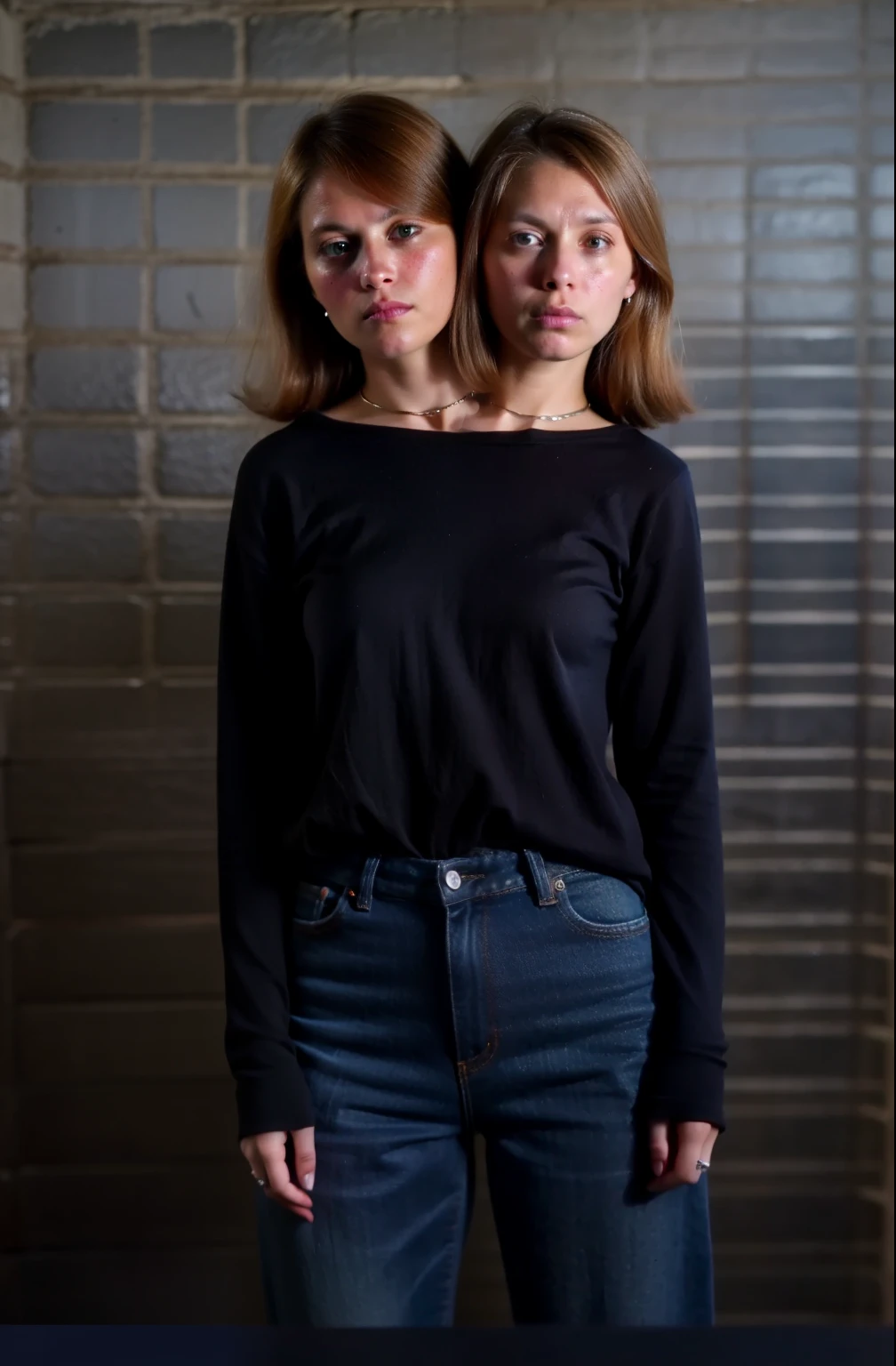 2heads, two headed girl, (mom and daughter:1.7), (one torso:1.5), (female:1.5), (redhead:1.4), (teenager:1.4), (caucasian:1.5), (two heads on one body:1.4), conjoined twins, heads side by side, one torso, left young, right old