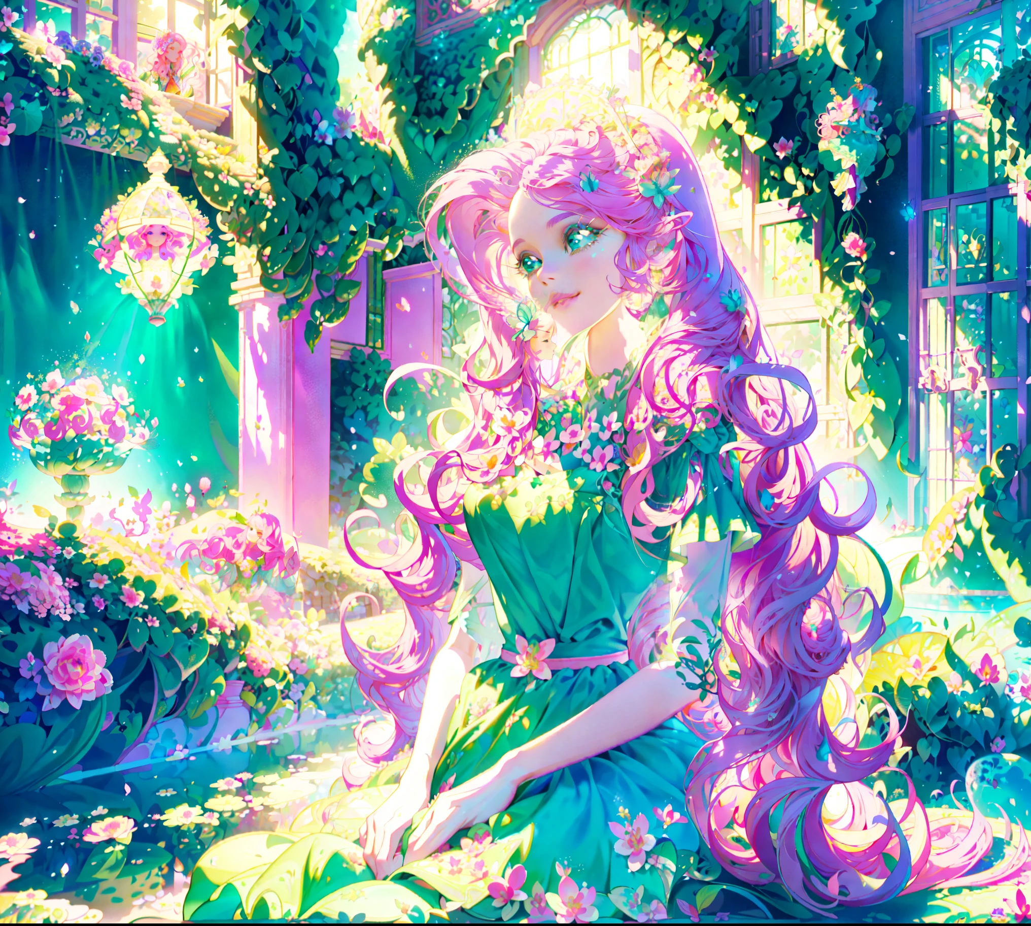 Fluttershy, fluttershy from equestria girls, fluttershy in the form of a young woman, lush breast, (pink long wavy hair:1.5), soft sweet shy smile, flowers, butterflies, (top quality, masterpiece, ultra-realistic), ((indoor in a green botanical garden:1.5)), dome, lots of flowers, dense mass plants, ((the background landscape is a garden with petals)), Dahlia peony flowers everywhere, turquoise eyes, ((green dress with butterflies patterns on it)), butterfly hair clip, detailed lighting, sunlight, ((yellow pure light)), sitting, heavenly plants, hanging flower pots, pink and green flowers everywhere, flower crown, green glass dome, extremely long hair, (light yellow skin 1.5), yellow pony ears, golden lighting, LAVENDER FLOWER EVERYWHERE, LILAC FLOWERS EVERYWHERE, pink roses everywhere, PINK HAIR PINK HAIR PINK HAIR, ((WATER FALLS)), so much foliage:1.5, bushes full of flowers, ONE CHARACTER, SOLO, alone