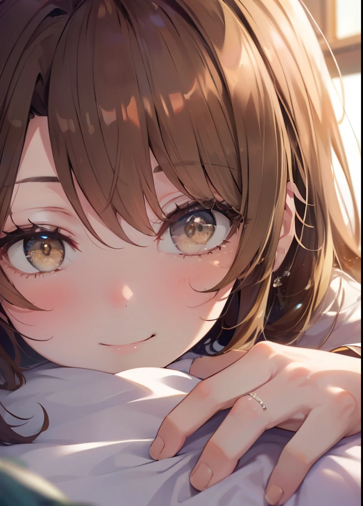 irohaisshiki, Isshiki Iroha, long hair, light brown hair, (brown eyes:1.5), smile,A girl sleeping with her eyes closed，sleep,white t-shirt,black underwear,barefoot,smile，Bedroom，light goes out， Covered with a blanket， windows，Romantic Sunrise，extreme light,
break indoors, Bedroom
break looking at viewer,
break (masterpiece:1.2), highest quality, High resolution, unity 8k wallpaper, (shape:0.8), (beautiful and detailed eyes:1.6), highly detailed face, perfect lighting, Very detailed CG, (perfect hands, perfect anatomy),