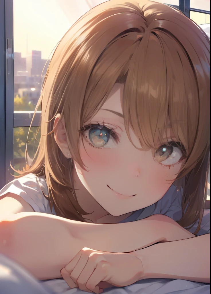 irohaisshiki, Isshiki Iroha, long hair, light brown hair, (brown eyes:1.5), smile,A girl sleeping with her eyes closed，sleep,white t-shirt,black underwear,barefoot,smile，Bedroom，light goes out， Covered with a blanket， windows，Romantic Sunrise，extreme light,
break indoors, Bedroom
break looking at viewer,
break (masterpiece:1.2), highest quality, High resolution, unity 8k wallpaper, (shape:0.8), (beautiful and detailed eyes:1.6), highly detailed face, perfect lighting, Very detailed CG, (perfect hands, perfect anatomy),