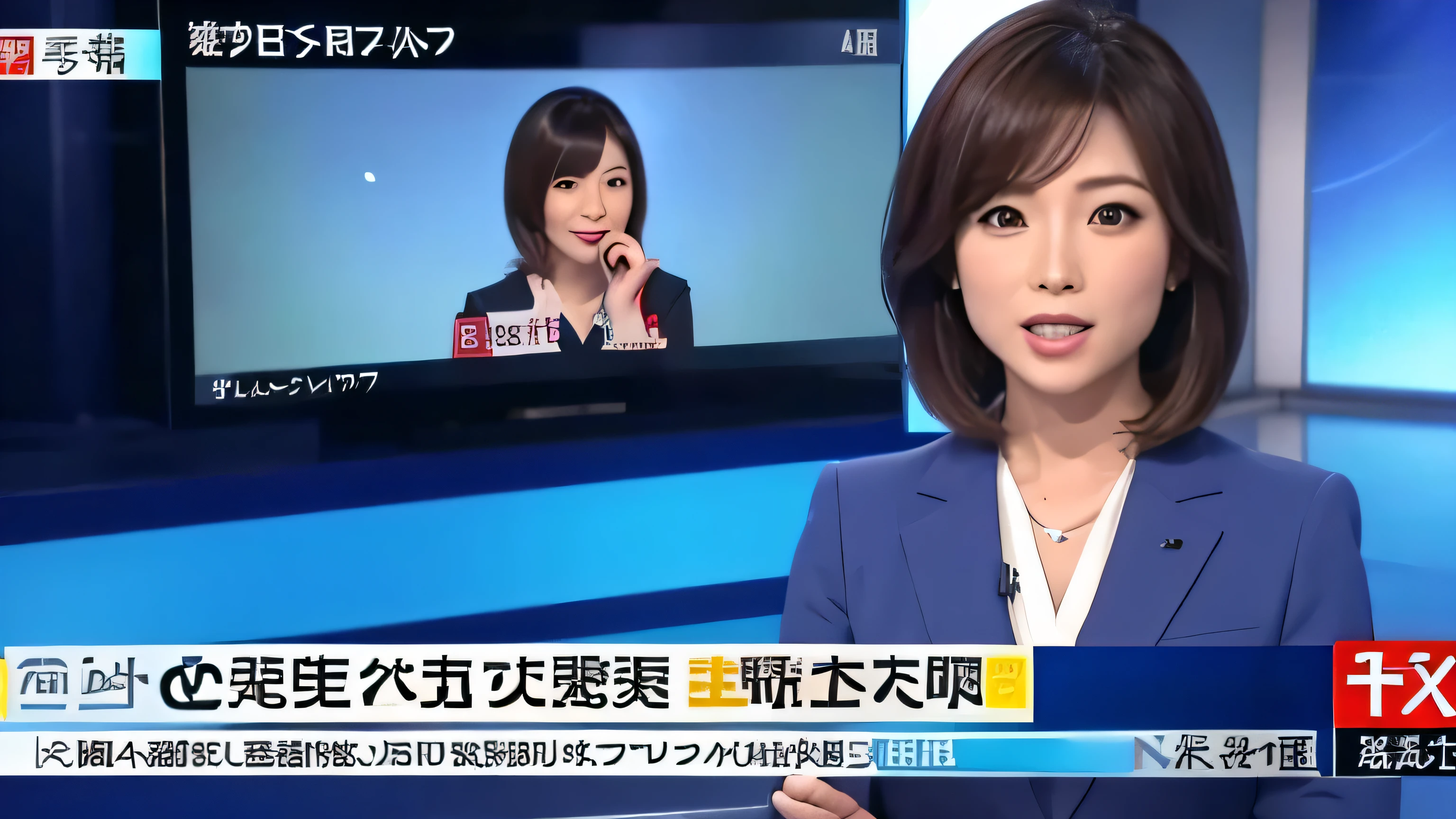 a cute Japanese newscaster is telling a news. no text, no logo, no man.