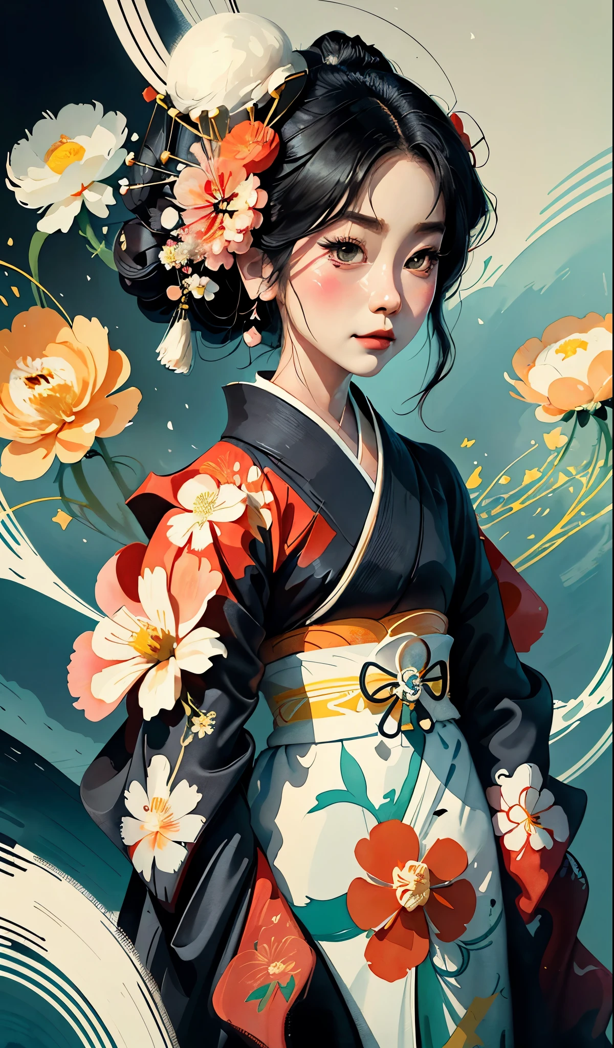 8K, top-quality, hight resolution, Bauhaus, shapes, lines, abstract, Bishoujo 1 25 years old, Flower steamed buns,A slight smil, (traditional Japanese kimono:1.3)、Luxury kimono、no wrinkles at all,watercolor paiting, (Flower hair ornament:1.3), Bauhaus, shapes, lines, abstract, style of studio ghibli hayao Miyazaki