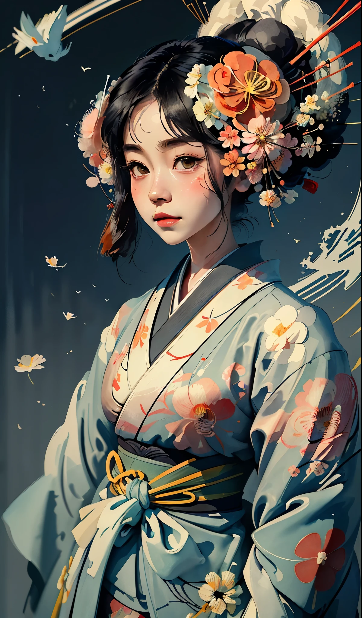 8K, top-quality, hight resolution, Bauhaus, shapes, lines, abstract, Bishoujo 1 25 years old, Flower steamed buns,A slight smil, (traditional Japanese kimono:1.3)、Luxury kimono、no wrinkles at all,watercolor paiting, (Flower hair ornament:1.3), Bauhaus, shapes, lines, abstract, style of studio ghibli hayao Miyazaki