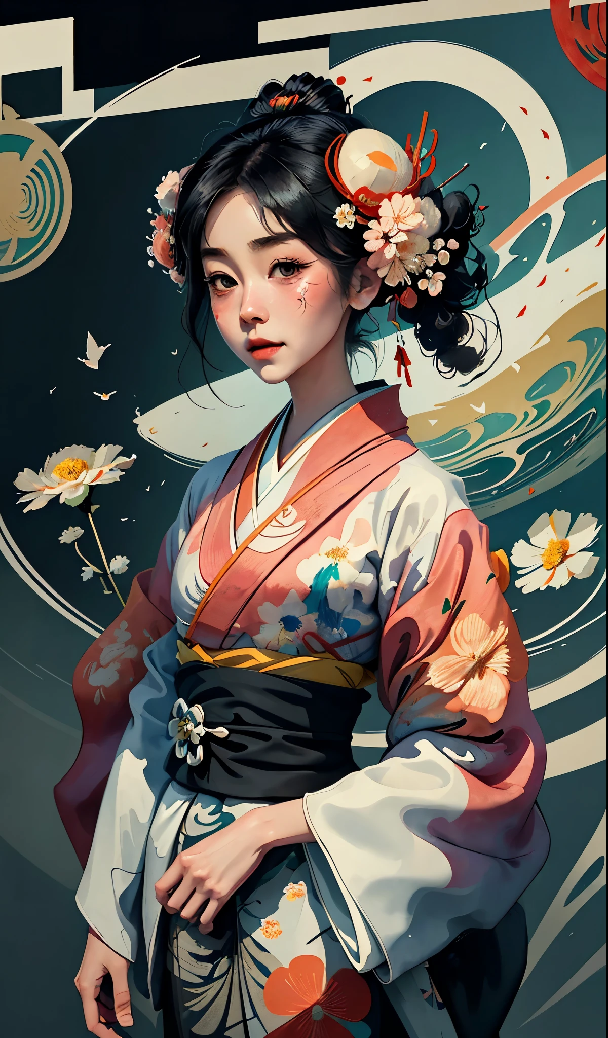 8K, top-quality, hight resolution, Bauhaus, shapes, lines, abstract, Bishoujo 1 25 years old, Flower steamed buns,A slight smil, (traditional Japanese kimono:1.3)、Luxury kimono、no wrinkles at all,watercolor paiting, (Flower hair ornament:1.3), Bauhaus, shapes, lines, abstract, style of studio ghibli hayao Miyazaki