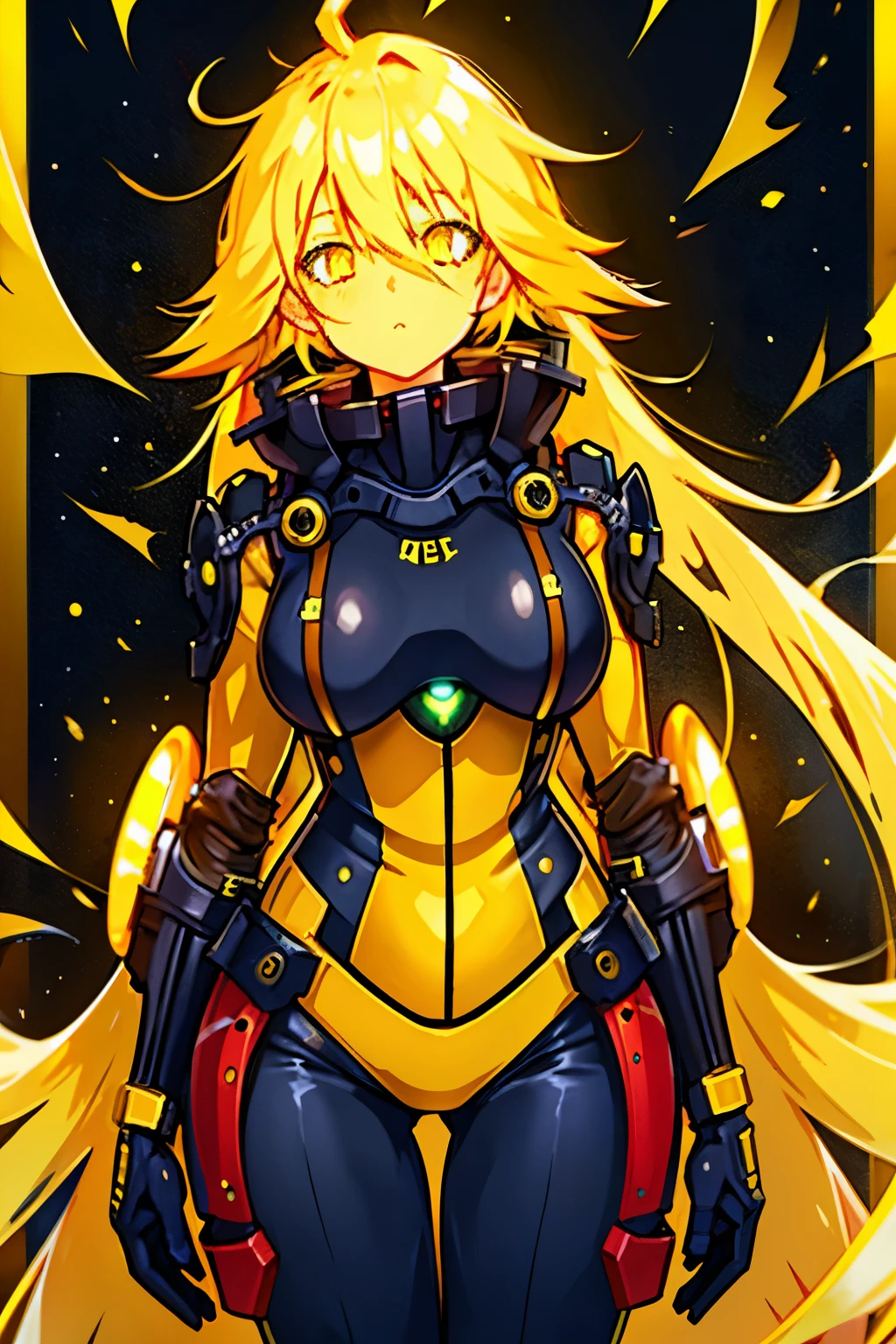 1girl, solo, mustard hair, long hair, bed hair, cowlick, yellow eyes, yellow glow, yellow skin, yellow body, black battlesuit, sci-fi suit, medium breasts, sci-fi background