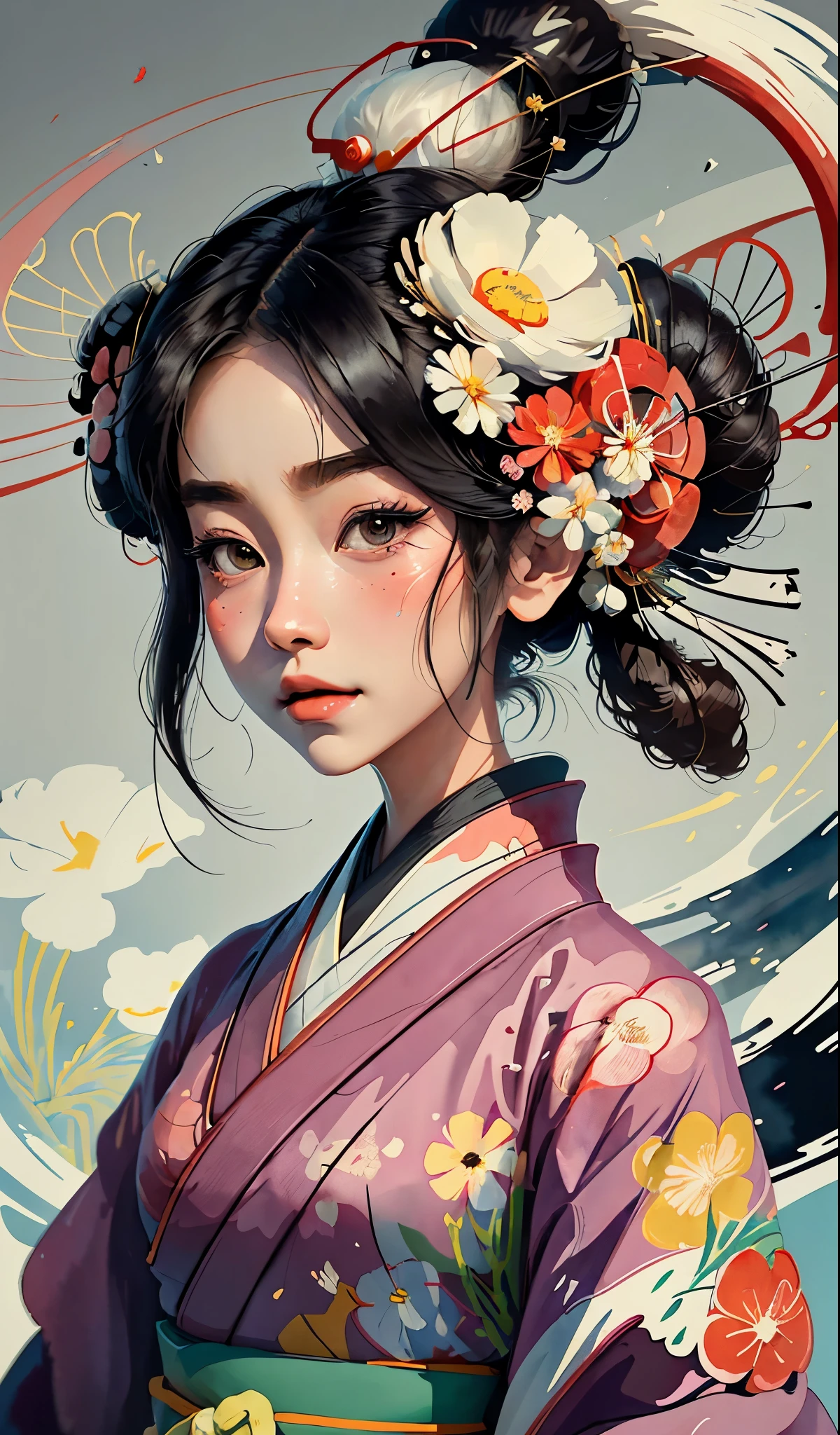 8K, top-quality, hight resolution, Bauhaus, shapes, lines, abstract, Bishoujo 1 25 years old, Flower steamed buns,A slight smil, (traditional Japanese kimono:1.3)、Luxury kimono、no wrinkles at all,watercolor paiting, (Flower hair ornament:1.3), Bauhaus, shapes, lines, abstract, style of studio ghibli hayao Miyazaki