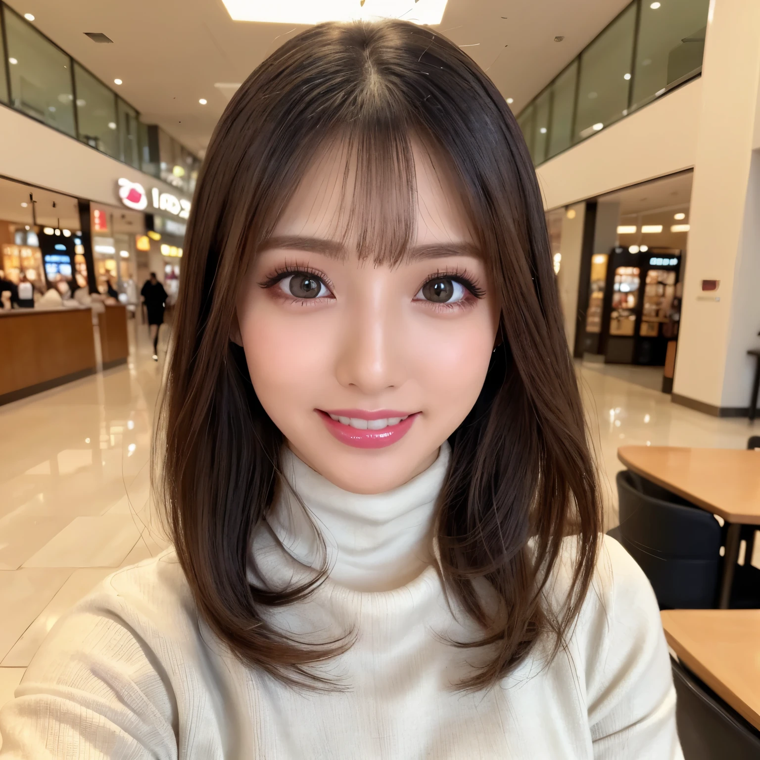 ((highest quality, table top, ultra high resolution、the most complex and detailed depiction))、(very bright lighting:1.1)、(Beautiful woman in a turtleneck sweater:1.1)、(long wavy hair:1.05), (accurate anatomy:1.1)、color contacts、perfect makeup、long eyelashes、lipstick、highly saturated eyeshadow、Tight knitwear、Exactly、emphasize body line、(big and full breasts:1.1)、perfect turtleneck knit sweater、blurred background, look at me and smile、The background is the interior of a large shopping mall..、(close up of face:1.1)、(ultra high resolutionの光沢, fair skin:1.1)、ultra high resolutionの顔、ultra high resolutionの髪、ultra high resolution sparkling eyes、ultra high resolution glossy lips、(very brightly illuminated white skin:1.1)、Beautiful face drawn in every detail、ultra high resolution perfect beautiful teeth、(very bright and vivid:1.1)