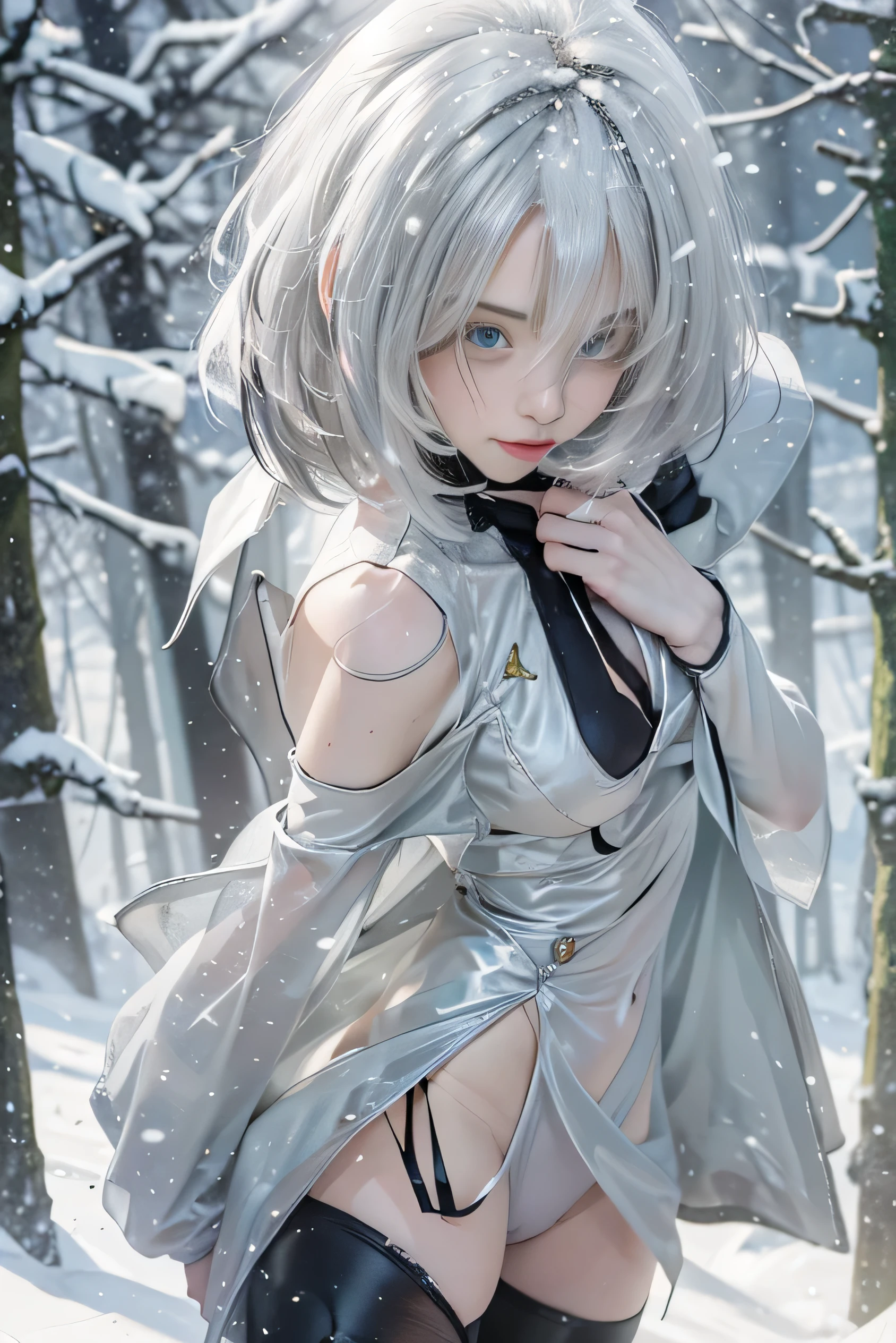 (photorealistic:1.8, highest quality:1.8,8K masterpiece:1.8,High resolution,muste piece:1.8),snow mountainに立つ女性,fantasy,(NieR:Automata 2B:1.9,choker,White High Leg,thigh high boots),(looking at the camera:1.2),(Photo seen from below:1.3),(bob cut,beautiful shining silver hair:1.5), (Large chest:1.3),Pause(Seductive pose:1.5),background(snow scene:1.5,snow mountain:1.3,fairyland forest),(detailed perfect face),normal hands:1.5,normal finger:1:5,normal feet:1.5,(cameltoe)