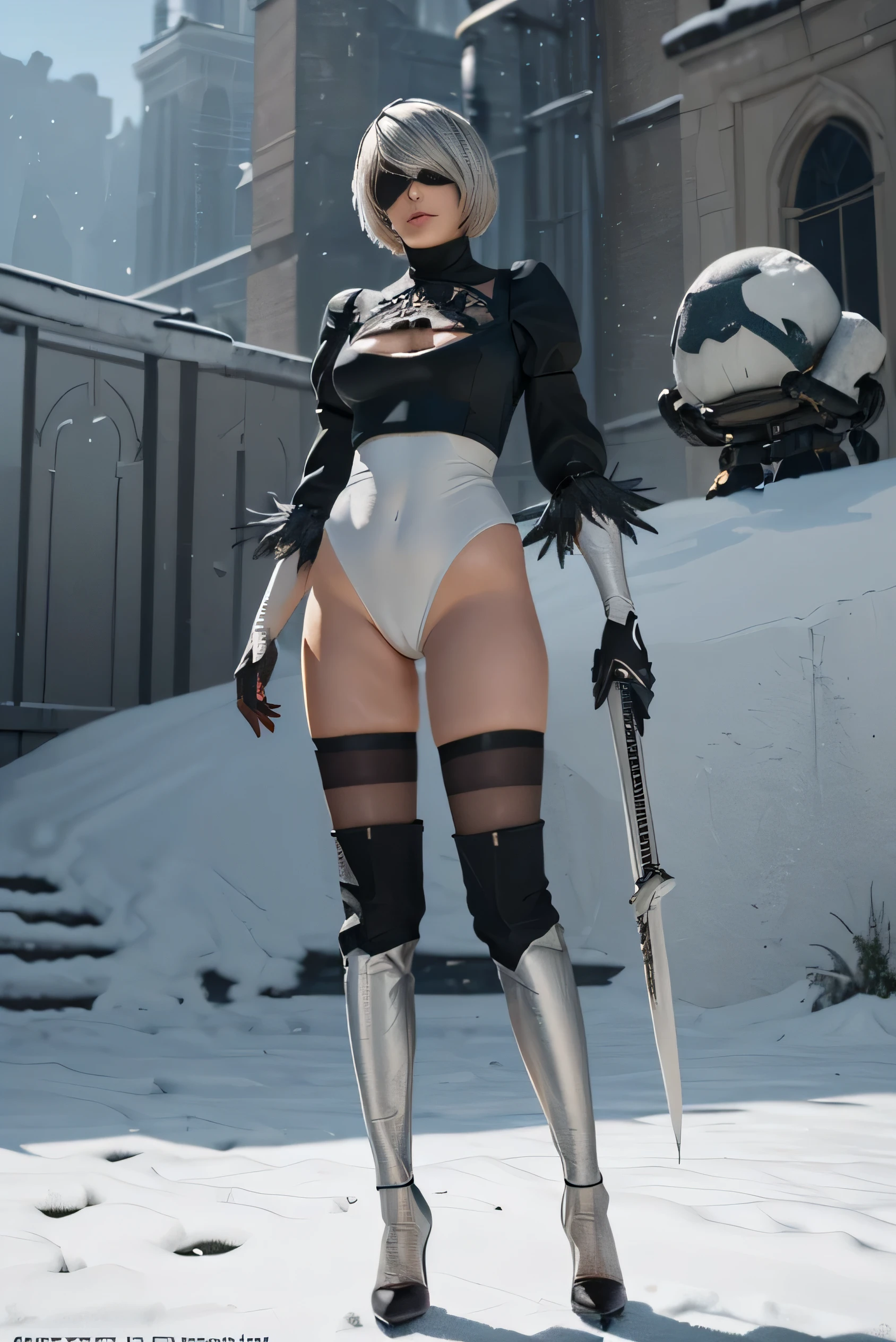 (photorealistic:1.8, highest quality:1.8,8K masterpiece:1.8,High resolution,muste piece:1.8),fantasy,(NieR:Automata,2B:1.9),(black blindfold:1.5),(black hair band,choker,White High Leg,thigh high boots,Blake Black Skirt,black thigh high socks,Knee-high boots,Cleavage cut,cutting of clothes,high heels,long sleeve),(looking at the camera:1.2),(Photo seen from below:1.3),(bob cut,beautiful shining silver hair:1.5), (Medium chest:1.3),Pause(stand with legs apart,Seductive pose:1.5),background(snow scene:1.5,snow mountain:1.3,mountainous area),(detailed perfect face),normal hands:1.5,normal finger:1:5,normal feet:1.5,(cameltoe)