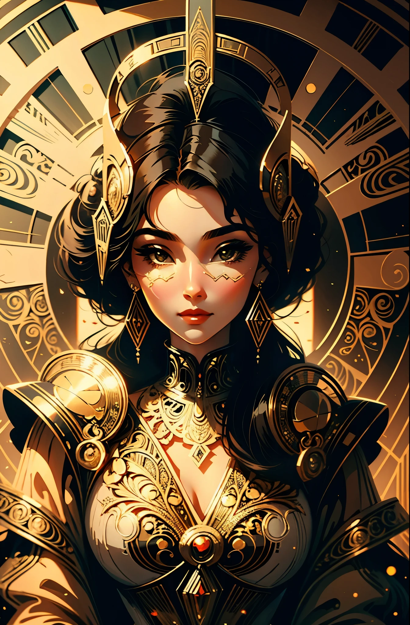 A beautiful black woman with African-inspired clothing, adorned with gold accessories, and wearing golden makeup. High-quality, Ultra-detailed, and realistic depiction to capture the finest details. The artwork should showcase the woman's exquisite features, including her detailed eyes, full lips, and long eyelashes. The scene should be set in a vibrant garden, with lush greenery and colorful flowers surrounding her. The lighting should be soft and natural, illuminating her face and highlighting her radiant skin. The art style should incorporate elements of portraiture and fashion, creating a visually captivating image. Warm, earthy tones should dominate the color palette, enhancing the cultural and historical significance of the African-inspired attire, afro hair.