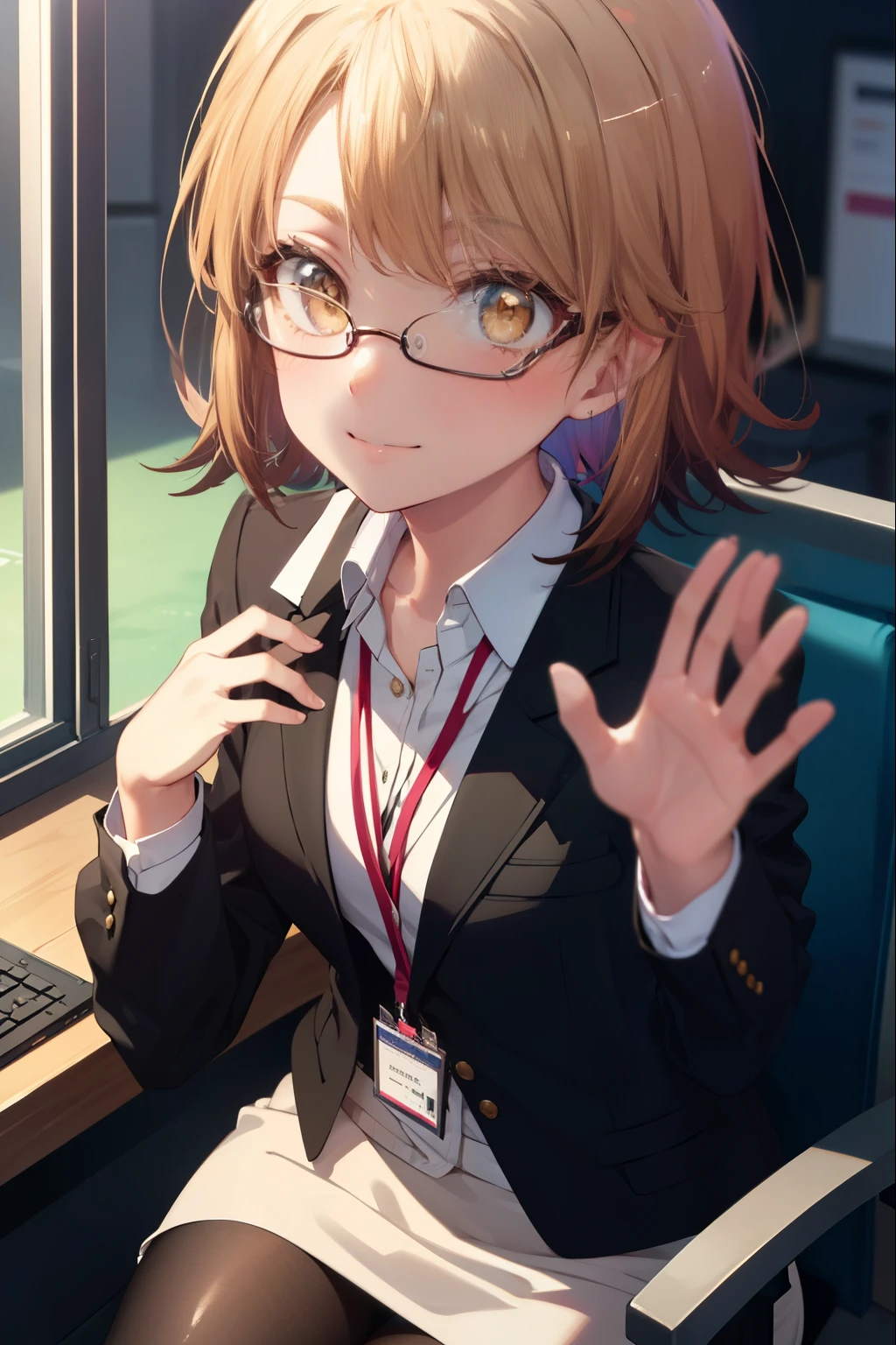 irohaisshiki, iroha isshiki, short hair, brown hair, (brown eyes:1.5), smile,
OL, red glasses, end, black suit jacket, collared jacket, white dress shirt, collared shirt, neckline, button, strap, ID card on the neck, black pencil skirt, black pantyhose, smile, blush, looking at the viewer, charm, Mechanical,On a computer,sitting in a chair, interior,touch typing ,
break indoors, office,
break looking at viewer,
break (masterpiece:1.2), highest quality, High resolution, unity 8k wallpaper, (figure:0.8), (detailed and beautiful eyes:1.6), highly detailed face, perfect lighting, Very detailed CG, (perfect hands, perfect anatomy),