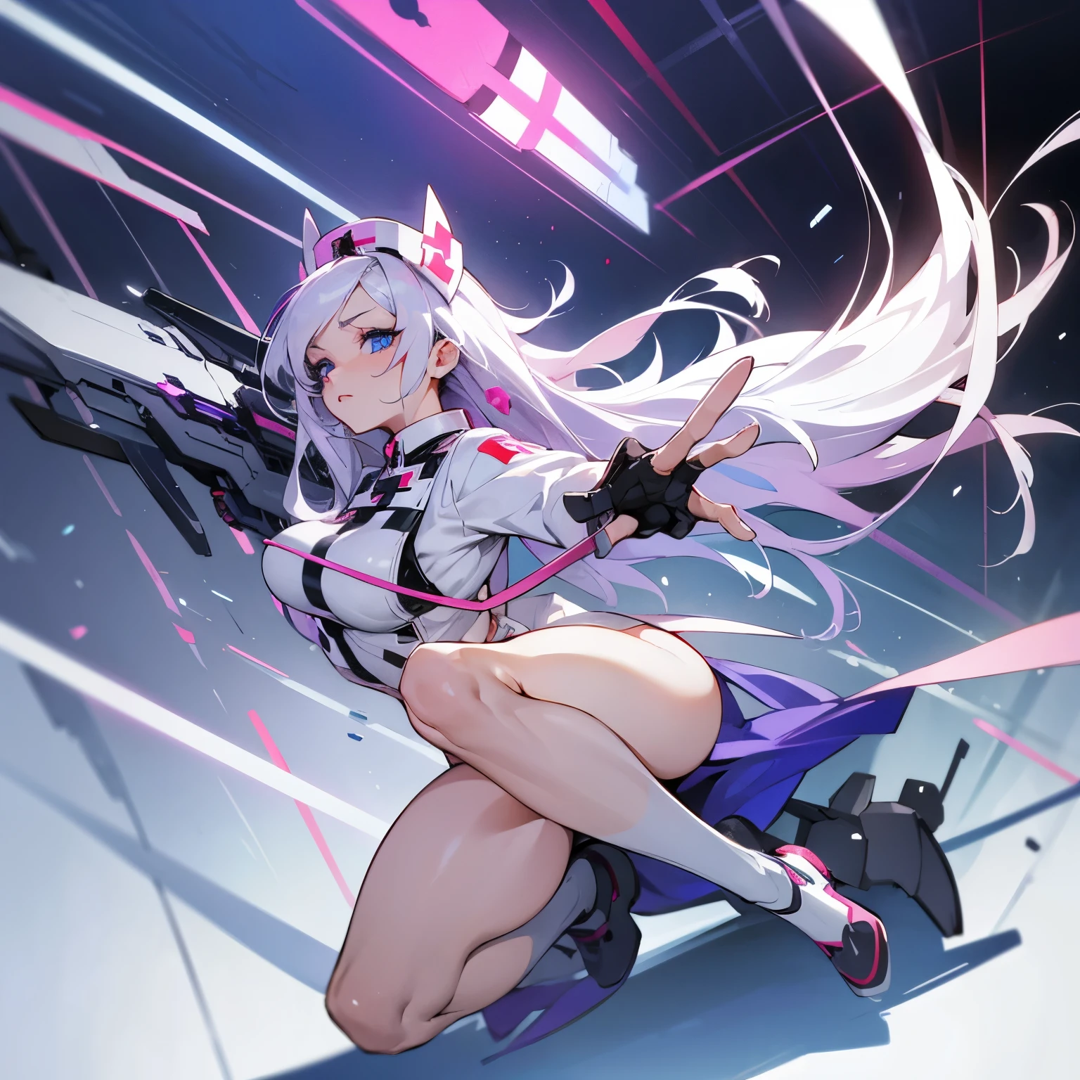 futuristic battle medic, nurse, beautiful body, sexy, beautiful face, sexy pose, anime, white hair, purple red and blue eyes, worried, long hair, silver hair, full body, legs