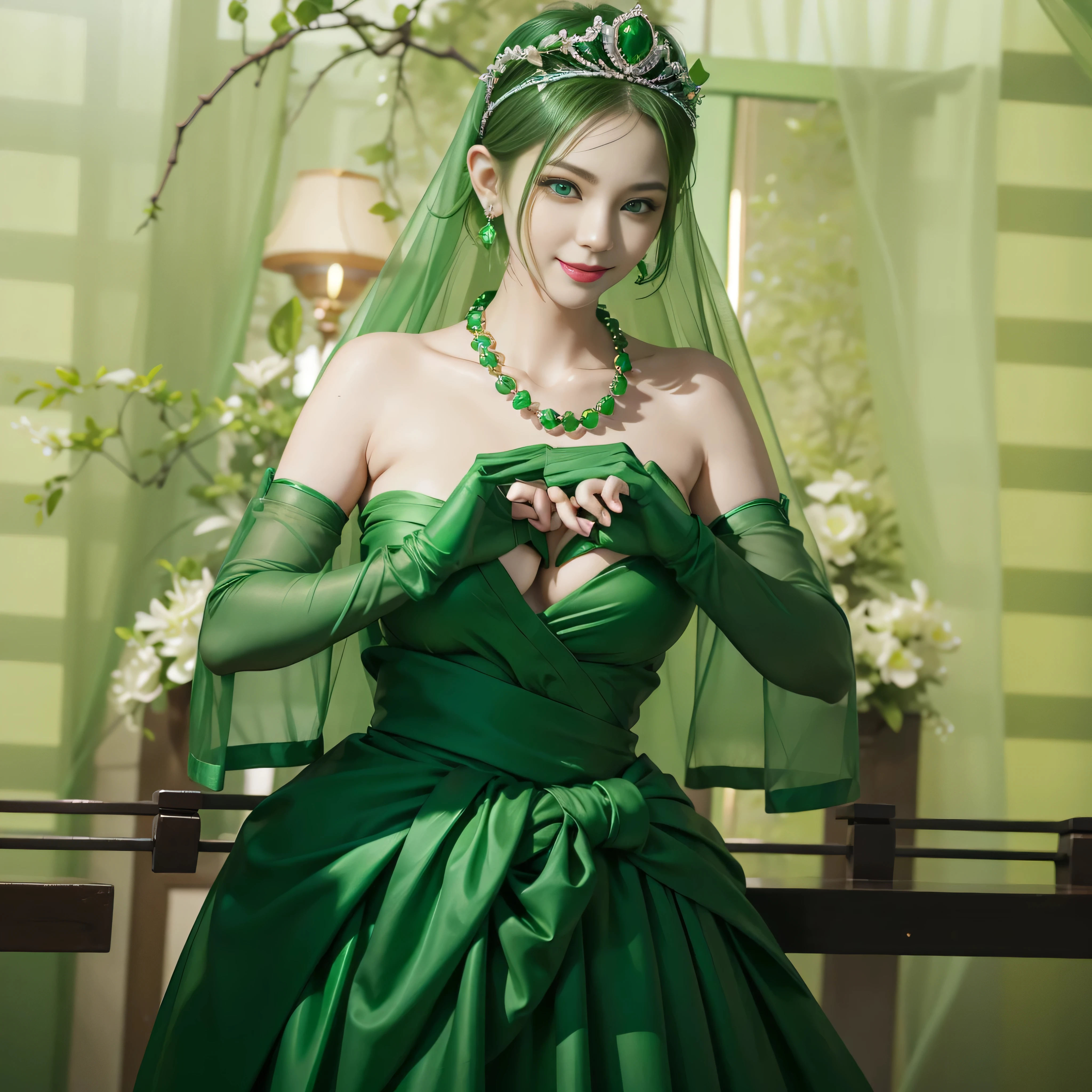 emerald tiara, Green Pearl Necklace, Boyish green berry short hair, lipstick, smiling Japanese woman, very short hair, beautiful, green eyes, green satin long gloves, green eyes, v sign, emerald earrings, Green veil, green lip gloss