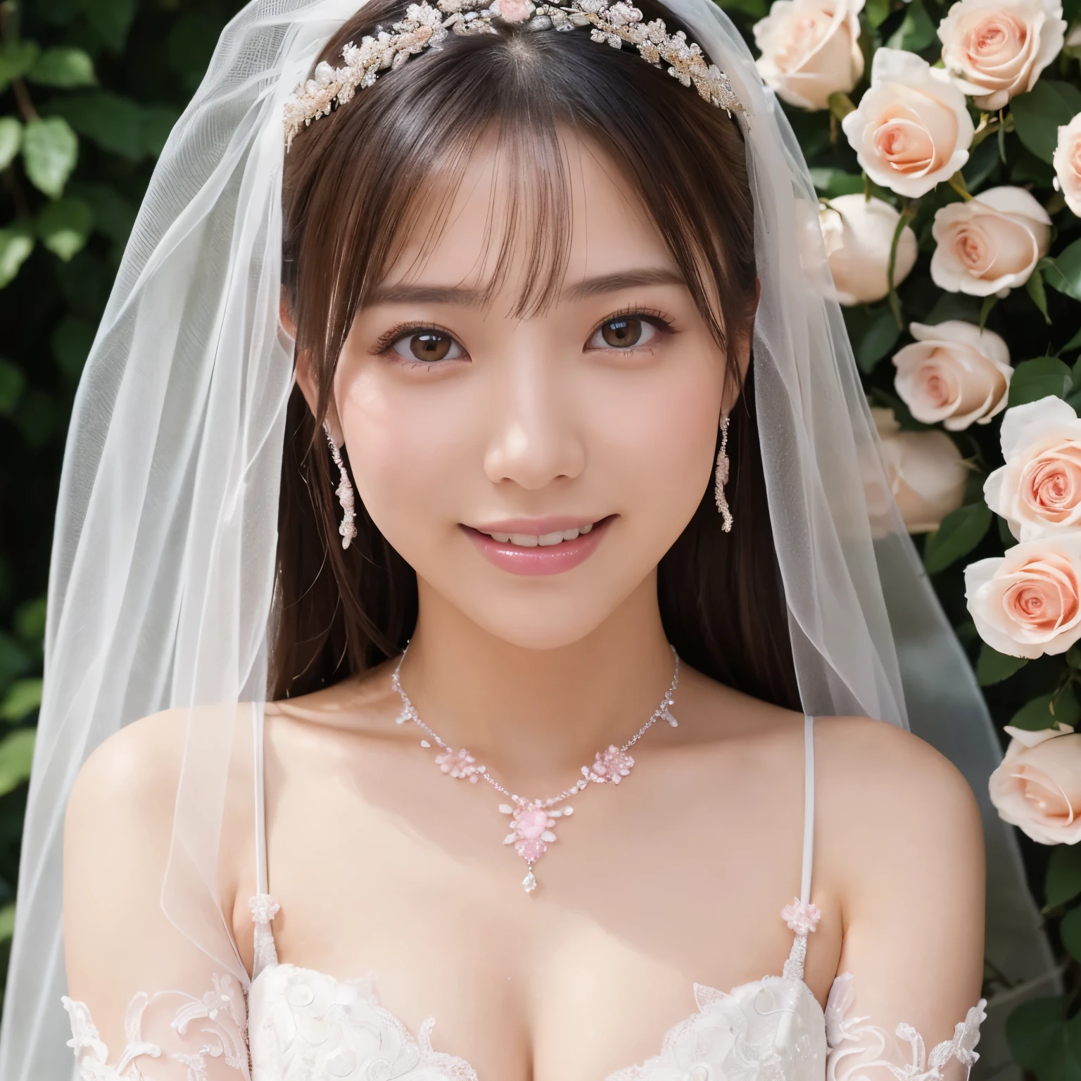 (debris flies、highest quality、8k、very detailed and intricate details、The most complex and detailed textures、ultra high resolution)、Beautiful woman in wedding dress、(bride close-up:1.1)、perfect gas chamber、(finest wedding dresses:1.1)、(perfect wedding lace:1.2)、the best smile when you look at me、(highest qualityの巨大なティアラ:1.1)、(highest qualityの巨大なネックレス:1.1)、surrounded by flowers、(Bride surrounded by lots of pink and white roses:1.2)、detailed background、ultra high definition hair、ultra high resolutionの顔、Ultra high definition eyes、radiant beautiful skin、Shining ultra-high definition skin、(the most detailed and perfect face:1.1)、(most detailed glowing eyes:1.1)、(Ultra-high-definition beautiful skin with beautiful shine and moisture:1.1)、(the most natural and beautiful cheeks:1.1)