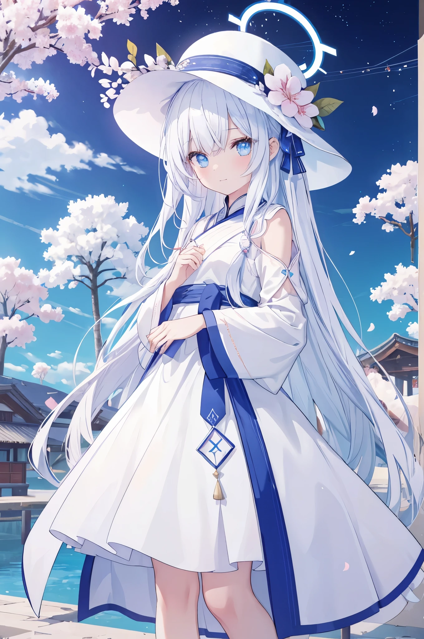 A human girl,Thin and slender girl figure,female face,subtle smile expression,long white hair,messy hair,blue eyes,There are bright spots in the eyes,female hands,white little hands,normal finger,hands behind back,There is a blue halo on the head,The aura is blue,Polyhedral shapes in halo,There are pink and white plum blossoms on the head,Wearing a white sun hat,Wear a white evening gown,Wear black high heels,The sleeves are cuffed,Standing under the plum blossom tree by the river,masterpiece,Exquisite and delicate的二次元精美画风,Exquisite and delicate,8K high quality,CG wallpaper,HD,bad milk,alone,tomorrow ark风格,tomorrow ark,There is a blue halo on the head,The aura is blue,Polyhedral shapes in halo