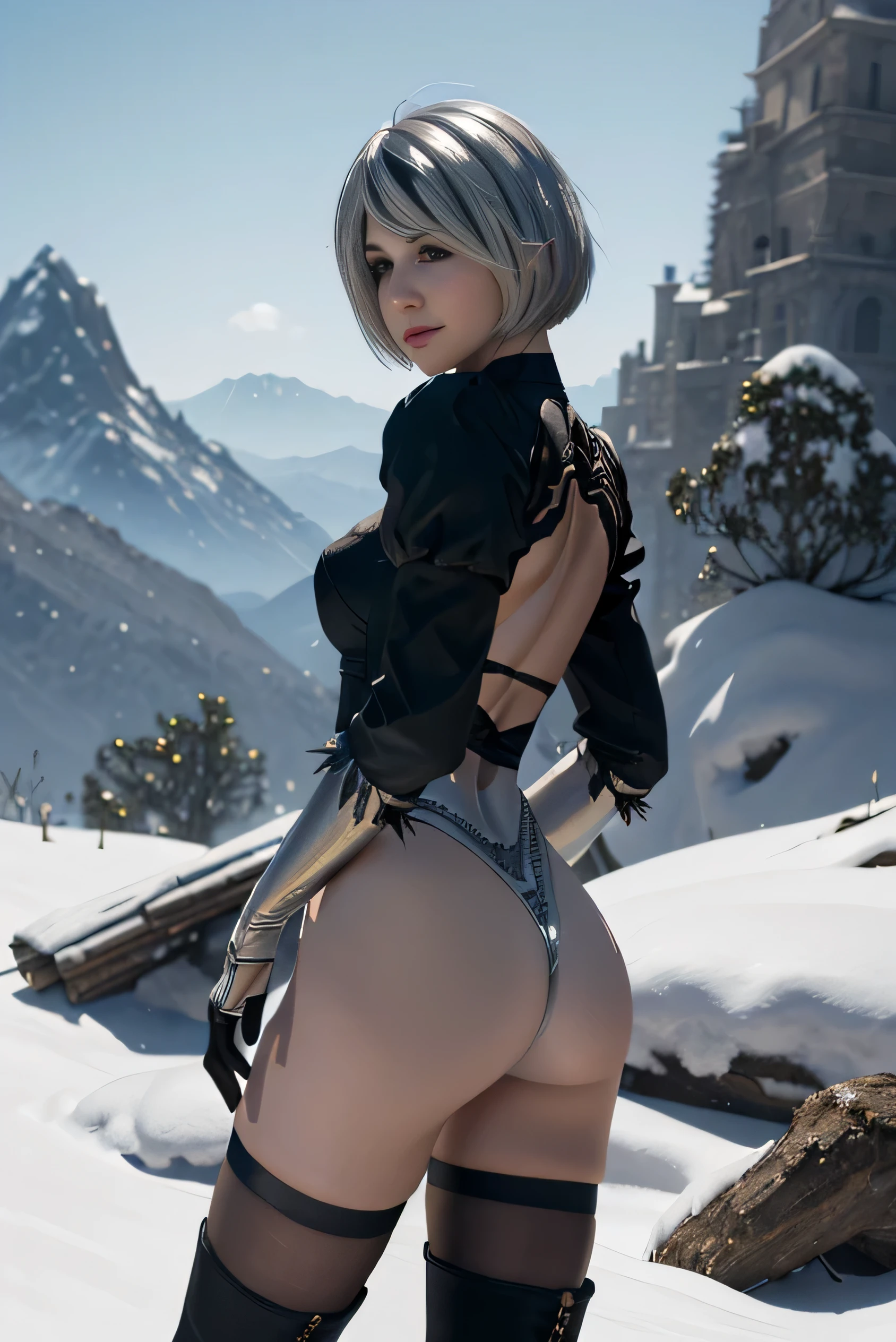 (photorealistic:1.8, highest quality:1.8,8K masterpiece:1.8,High resolution,muste piece:1.8),fantasy,(NieR:Automata,2B:1.9),(black blindfold:1.5),(black hair band,choker,white high leg,thigh high boots,Blake Black Skirt,black thigh high socks,Knee-high boots,Cleavage cut,cutting of clothes,high heels,long sleeve),(looking at the camera:1.2),(photo seen from behind:1.3),(bob cut,beautiful shining silver hair:1.5), (Medium chest:1.3),Pause(stand with legs apart,Seductive pose:1.5),background(snow scene:1.5,snow mountain:1.3,mountainous area),(detailed perfect face),normal hands:1.5,normal finger:1:5,normal feet:1.5,(cameltoe)