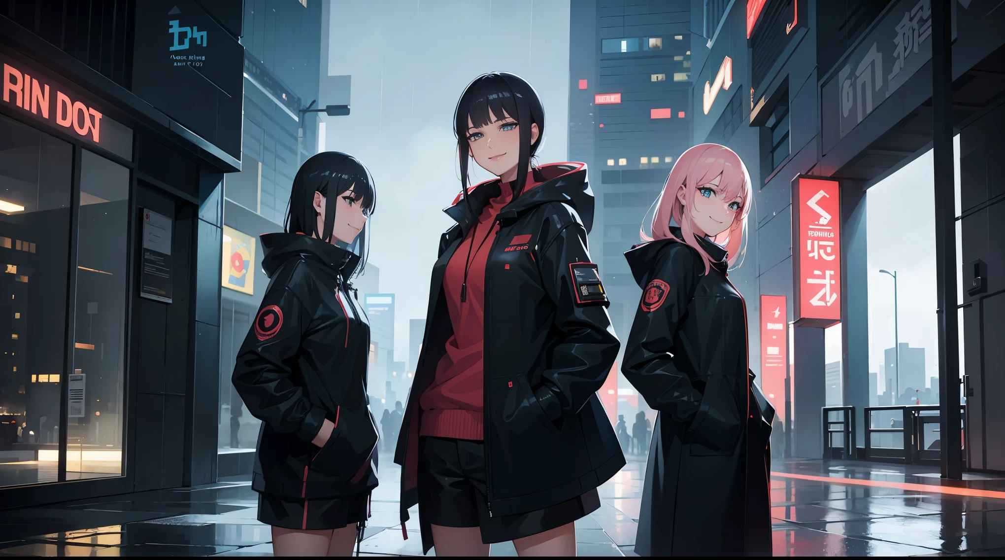 two women, hands in pockets, smiling, raining, wet, cyberpunk
