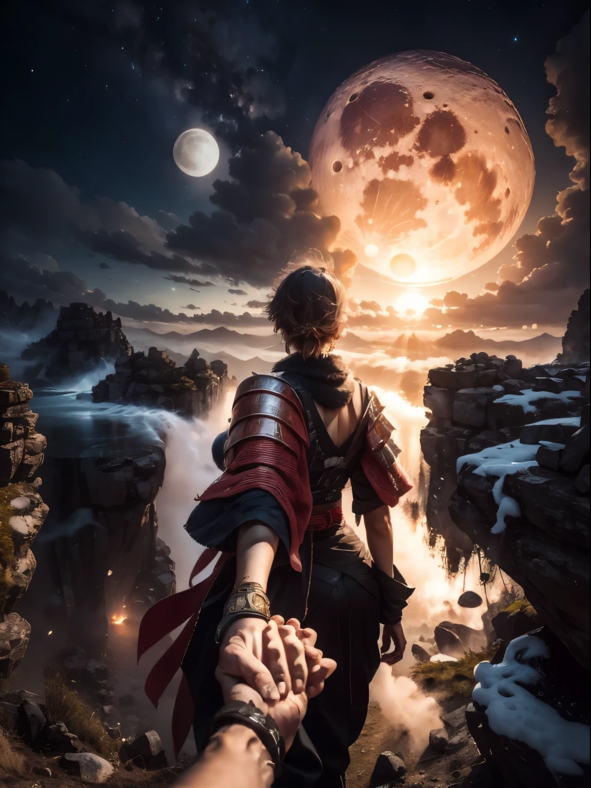 1woman, ultra detailed, highres, masterpiece, short hair, windy, bf_holding_hands, walking in the mountain, at night, big moon. normal body, samurai woman.