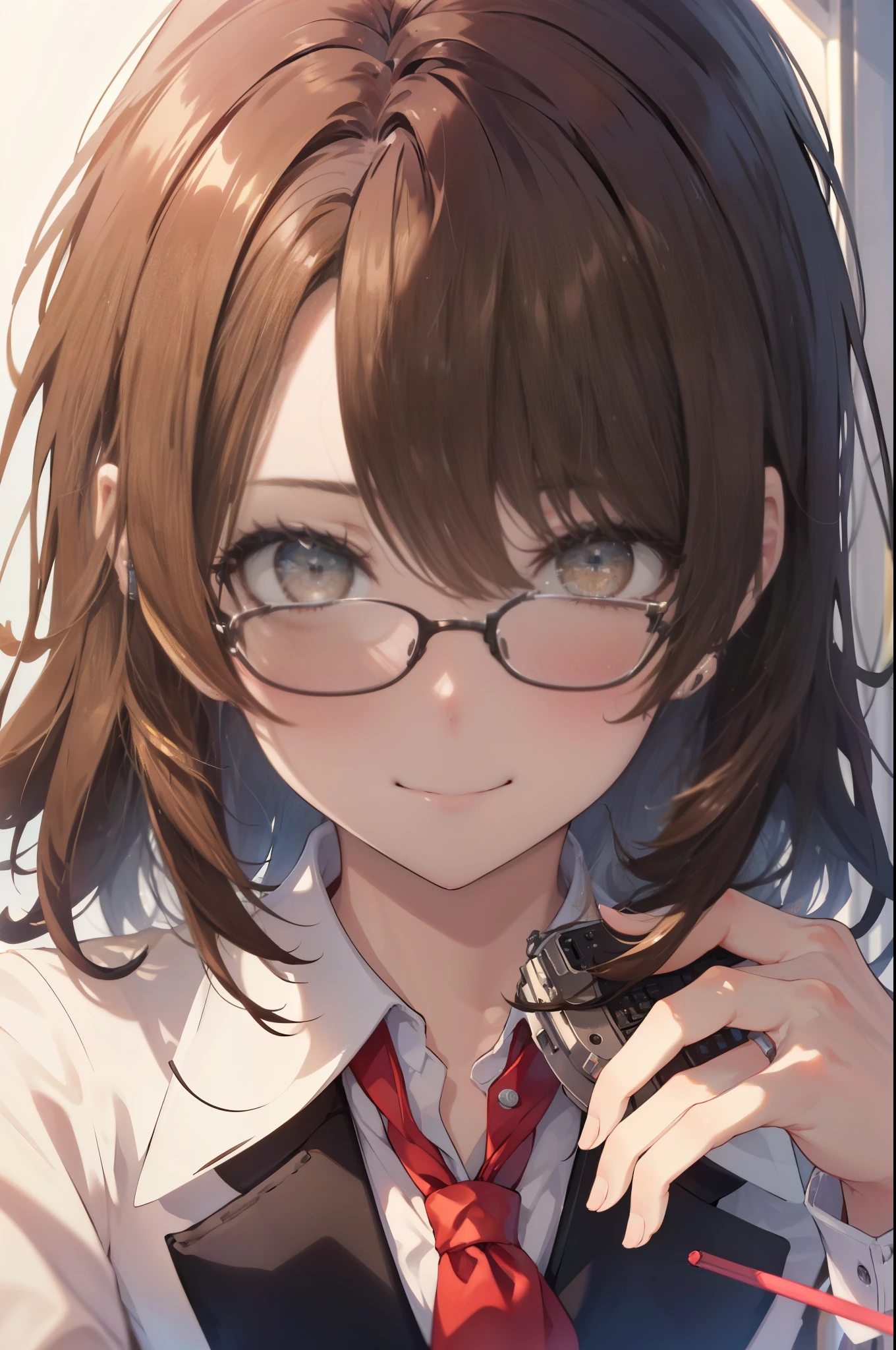 irohaisshiki, iroha isshiki, long hair, brown hair, (brown eyes:1.5), smile,
OL, red glasses, end, black suit jacket, collared jacket, white dress shirt, collared shirt, neckline, button, strap, ID card on the neck, black pencil skirt, black pantyhose, smile, blush, looking at the viewer, charm, Mechanical,On a computer,sitting in a chair, interior,touch typing ,
break indoors, office,
break looking at viewer,
break (masterpiece:1.2), highest quality, High resolution, unity 8k wallpaper, (figure:0.8), (detailed and beautiful eyes:1.6), highly detailed face, perfect lighting, Very detailed CG, (perfect hands, perfect anatomy),