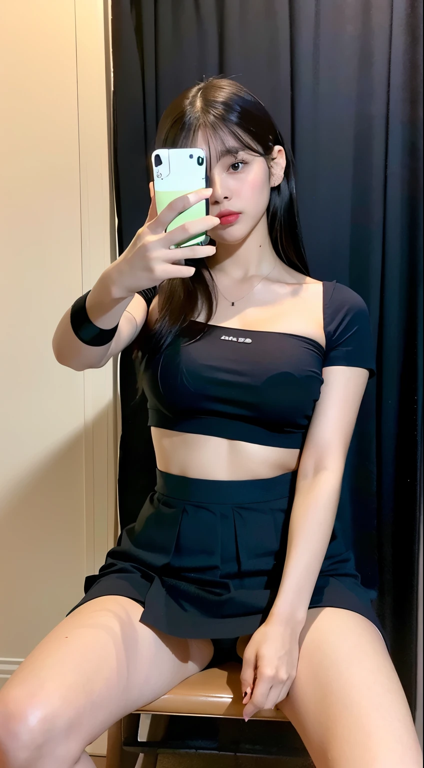 ((realistic lighting, highest quality, 8K, masterpiece, medium shot: 1.3)), clear focus: 1.2, 1 girl, perfect figure: 1.4, plump bust,((long black hair)),((With bangs)), (light pink crop top:1.4),The whole delicate breast leaks out,(exterior,in the middle of the night:1.1),In the changing room with crowded lines, There is a uniform in the background,sitting on a chair,Moderately thin calves,exposed thighs,navy blue ankle length socks,white sneakers,super fine face, fine eyes, double eyelid,White pleated mini skirt,Taking a selfie with a black smartphone in his left hand,Your face is hidden by your smartphone、Your right hand rests on the chair to support your weight.,legs open at a 40 degree angle、((((Panties are visible from inside the skirt))))、(white panties)、(tilt your head a little)