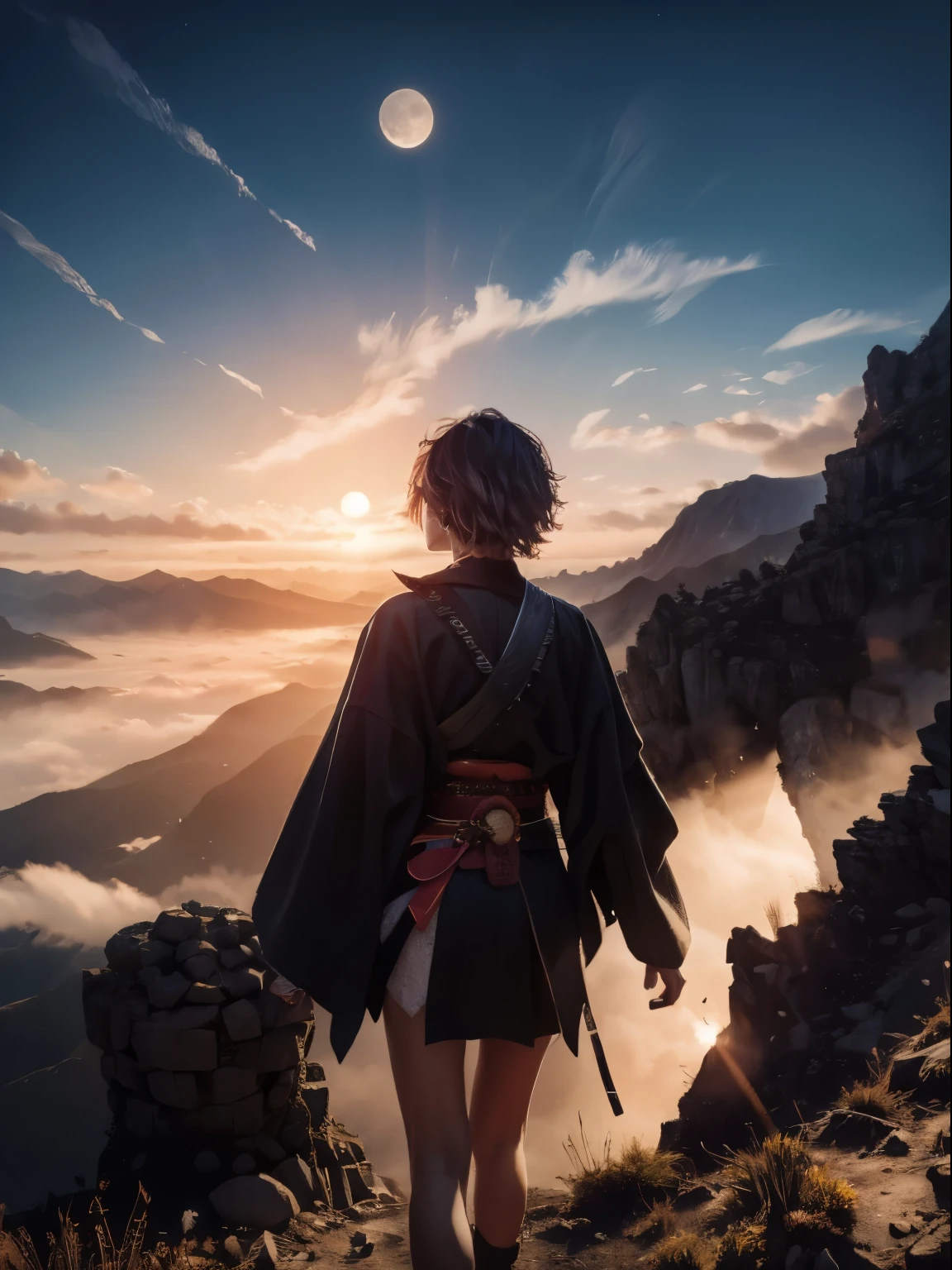 1woman, ultra detailed, highres, masterpiece, short hair, windy, bf_holding_hands, walking in the mountain, at night, big moon. normal body, samurai woman.