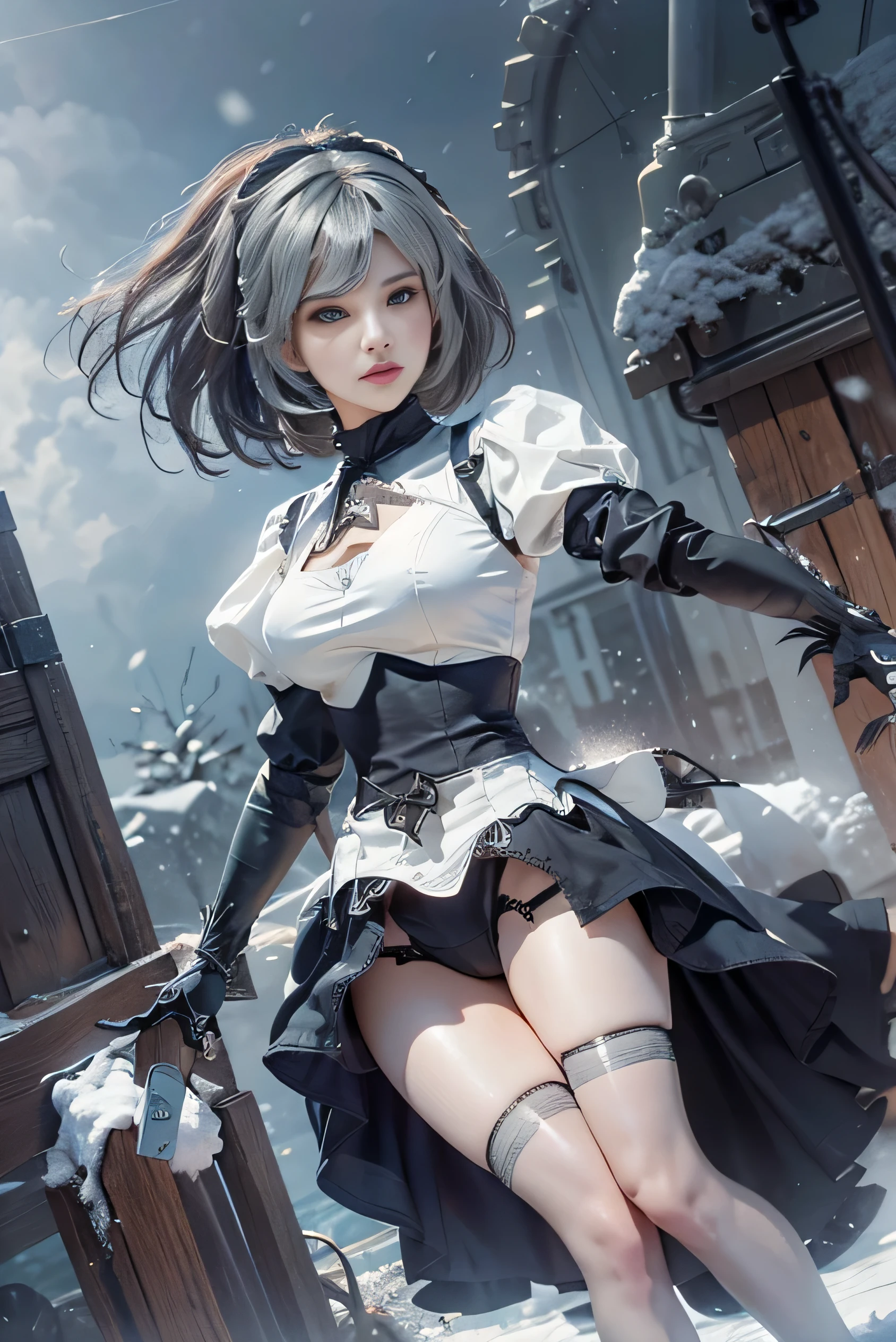 (photorealistic:1.8, highest quality:1.8,8K masterpiece:1.8,High resolution,muste piece:1.8),fantasy,(NieR:Automata,2B:1.9),(black hair band,choker,white high leg,thigh high boots,Blake Black Skirt,black thigh high socks,Knee-high boots,Cleavage cut,cutting of clothes,high heels,long sleeve),beautiful detailed blue eyes:1.7,double eyelid:1.6,beautiful skin:1.8, (looking at the camera:1.2),(Photo seen from below:1.3),(bob cut,beautiful shining silver hair:1.5),expression(Disdainful:1.3), (Medium chest:1.3),Pause(stand with legs apart,Seductive pose:1.5),background(snow scene:1.5,snow mountain:1.3,mountainous area),(detailed perfect face),normal hands:1.5,normal finger:1:5,normal feet:1.5,(cameltoe)