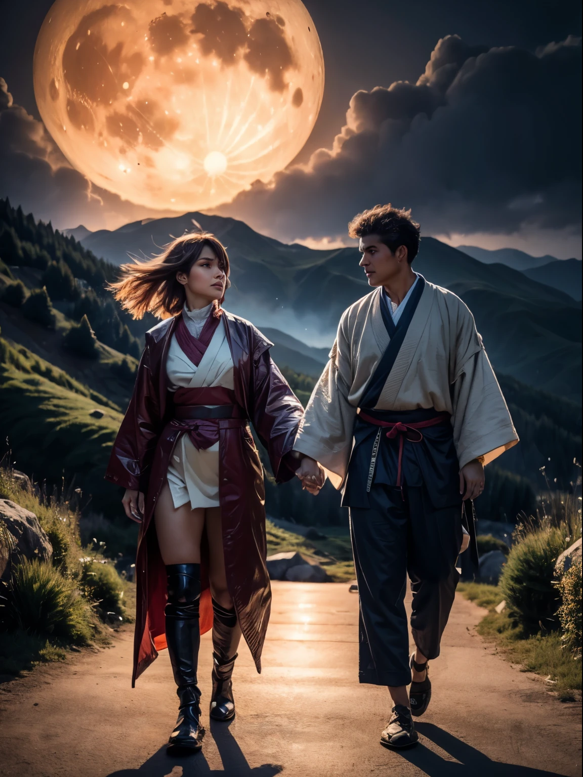 1woman, ultra detailed, highres, masterpiece, short hair, windy, bf_holding_hands, walking in the mountain, at night, big moon. normal body, samurai woman.