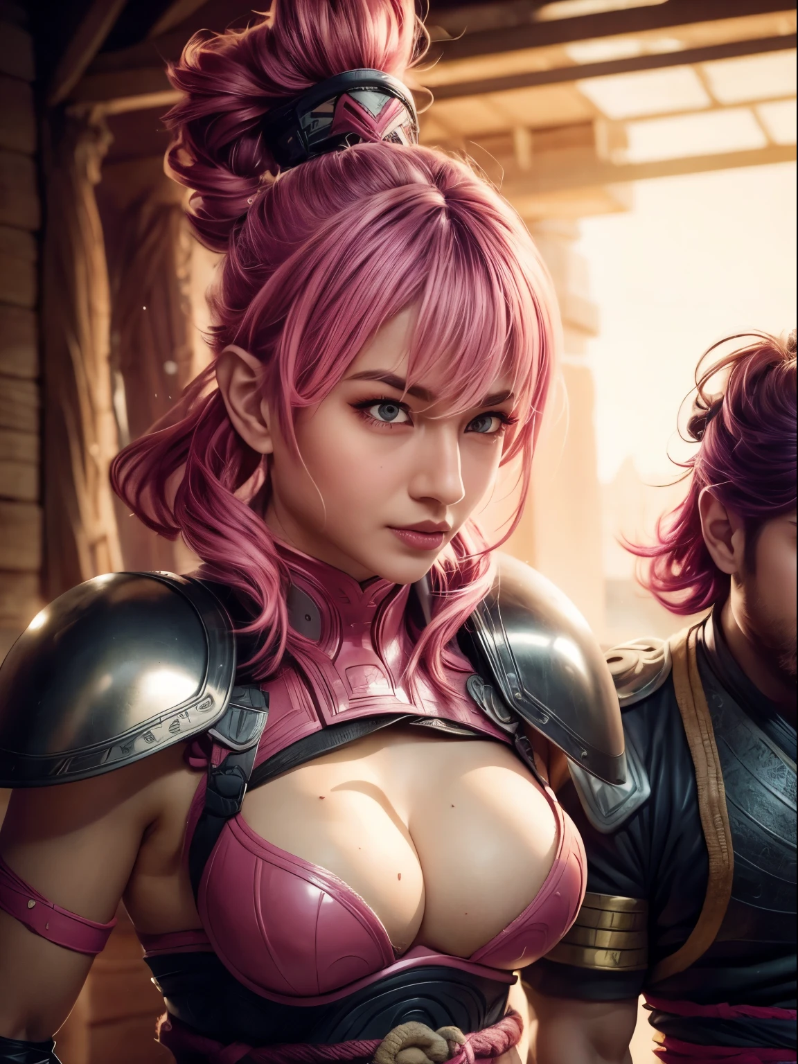 (best quality,highres:1.2), ultra-detailed, (realistic:1.37) portrait, aesthetic girl with pink hair, elegant bun, stunning sharp jawline, voluptuous round breasts, wearing samurai armor consisting of a chest plate, shoulder guards, arm guards, and leg guards. The armor is intricately designed with beautiful engravings and embellishments. The girl exudes strength and grace, embodying the spirit of a samurai. She wears a traditional samurai helmet adorned with feathers and intricate patterns. The poster showcases vibrant and vivid colors, with a focus on pink hues to complement the girl's hair. The lighting is expertly done, casting dramatic shadows and highlighting the girl's features. The overall scene has a surreal and dreamlike quality, adding to the aesthetic appeal.