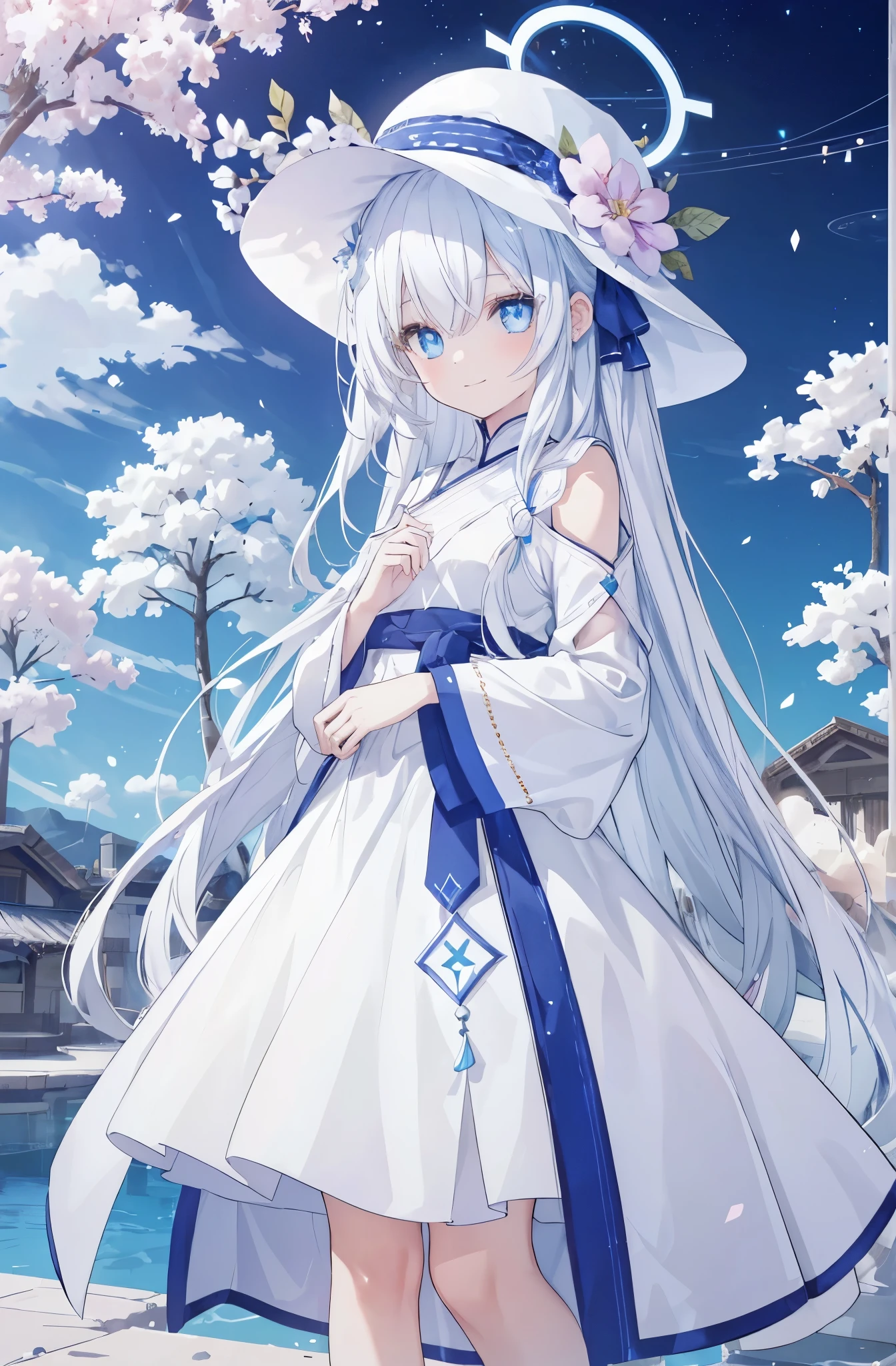 female face,subtle smile expression,long white hair,messy hair,blue eyes,There are bright spots in the eyes,female hands,white little hands,normal finger,There is a blue halo on the head,The aura is blue,Polyhedral shapes in halo,