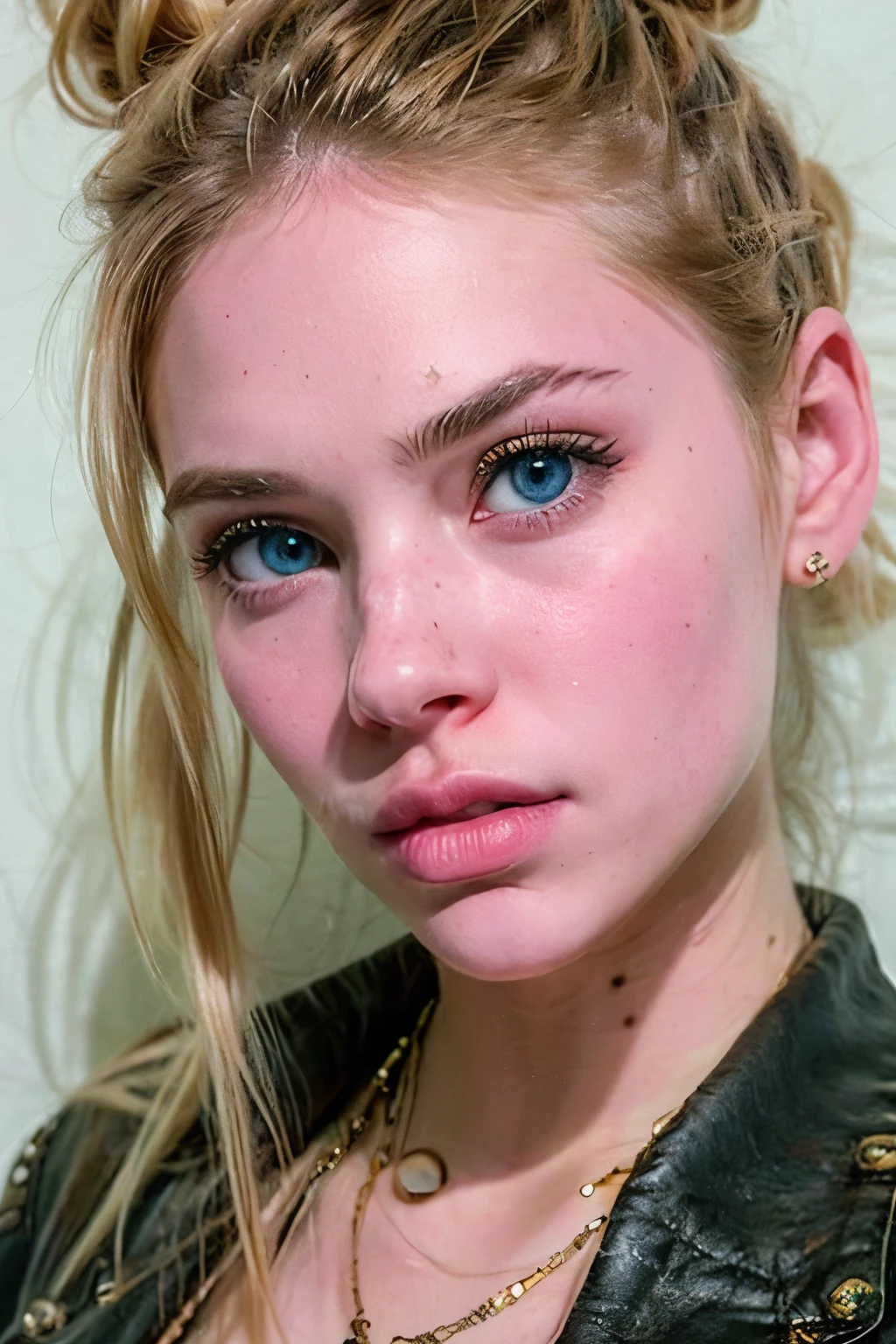 Close-up on the face of a perfect and beautiful individual in front of a white wall, em um fundo igualmente branco. O cabelo loiro, sedoso e solto, cai sobre um olho. Vibrant blue eyes are closed, but the facial expression conveys sadness and intense anger, with visible hatred in his eyes. The face has flawless white skin, pink lips, nariz e queixo finos. A pessoa veste uma camiseta branca sem mangas, highlighting the seriousness of the expression. The contrast between physical perfection and intense emotionality creates a captivating and intriguing image.