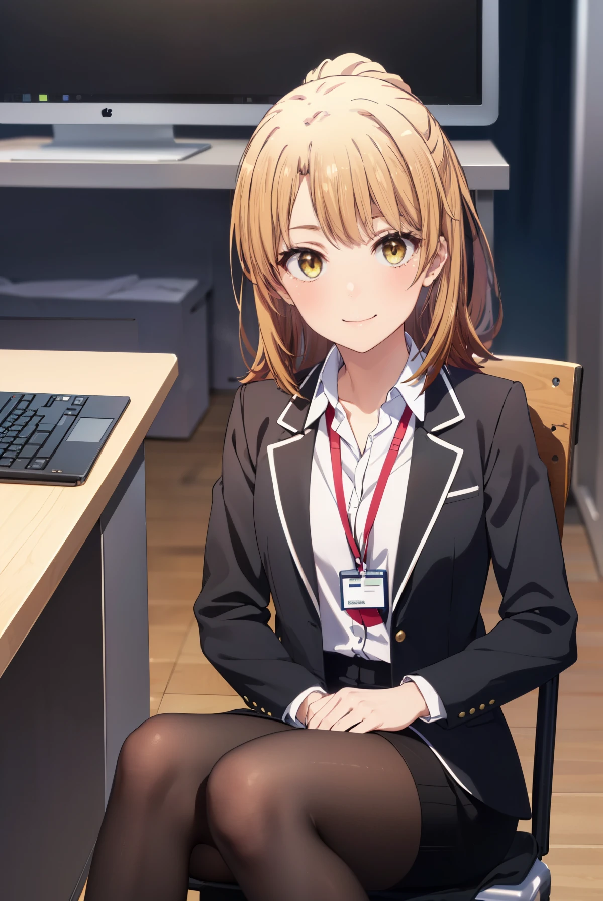 irohaisshiki, iroha isshiki, long hair, brown hair, (brown eyes:1.5), ponytail,smile,OL, red glasses, end, black suit jacket, collared jacket, white dress shirt, collared shirt, neckline, button, strap, ID card on the neck, black pencil skirt, black pantyhose, smile, blush, looking at the viewer, charm, Mechanical,On a computer,sitting in a chair, interior,touch typing , 
break indoors, office,
break (masterpiece:1.2), highest quality, High resolution, unity 8k wallpaper, (figure:0.8), (detailed and beautiful eyes:1.6), highly detailed face, perfect lighting, Very detailed CG, (perfect hands, perfect anatomy),