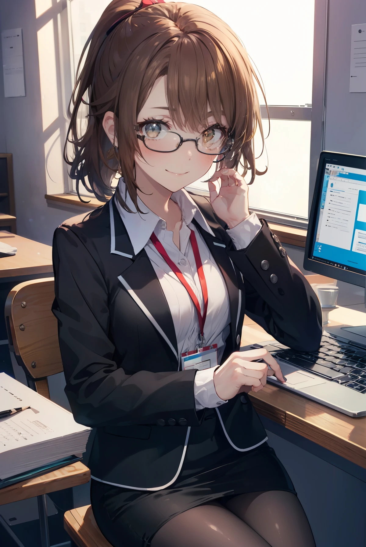 irohaisshiki, iroha isshiki, long hair, brown hair, (brown eyes:1.5), ponytail,smile,OL, red glasses, end, black suit jacket, collared jacket, white dress shirt, collared shirt, neckline, button, strap, ID card on the neck, black pencil skirt, black pantyhose, smile, blush, looking at the viewer, charm, Mechanical,On a computer,sitting in a chair, interior,touch typing ,
break indoors, office,
break (masterpiece:1.2), highest quality, High resolution, unity 8k wallpaper, (figure:0.8), (detailed and beautiful eyes:1.6), highly detailed face, perfect lighting, Very detailed CG, (perfect hands, perfect anatomy),