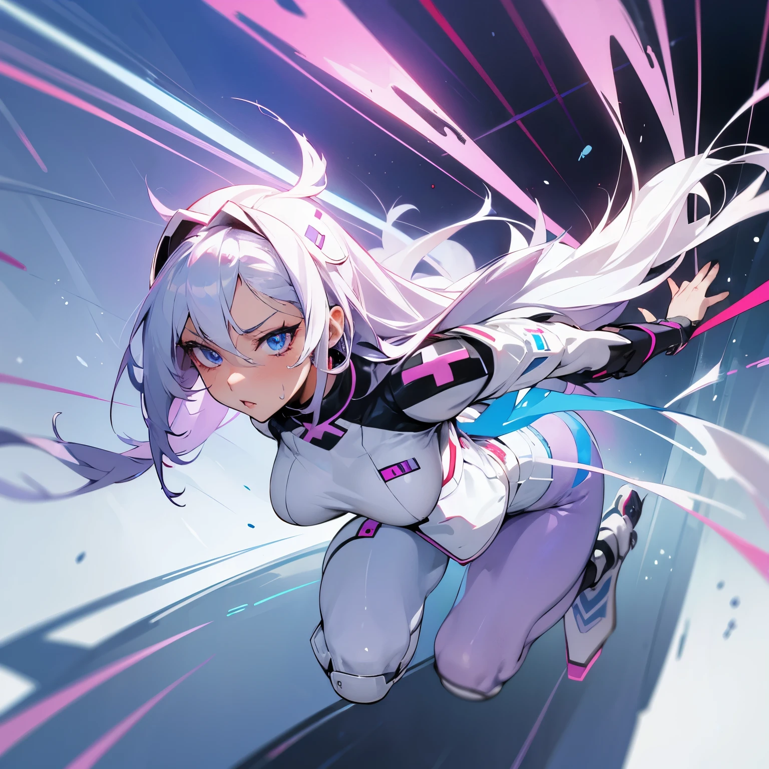 futuristic battle medic, nurse, beautiful body, sexy, beautiful face, sexy pose, anime, white hair, purple red and blue eyes, worried, long hair, silver hair, full body, seethrough leggins, futuristic skirt, good breasts, good anatomy, flying towards camera