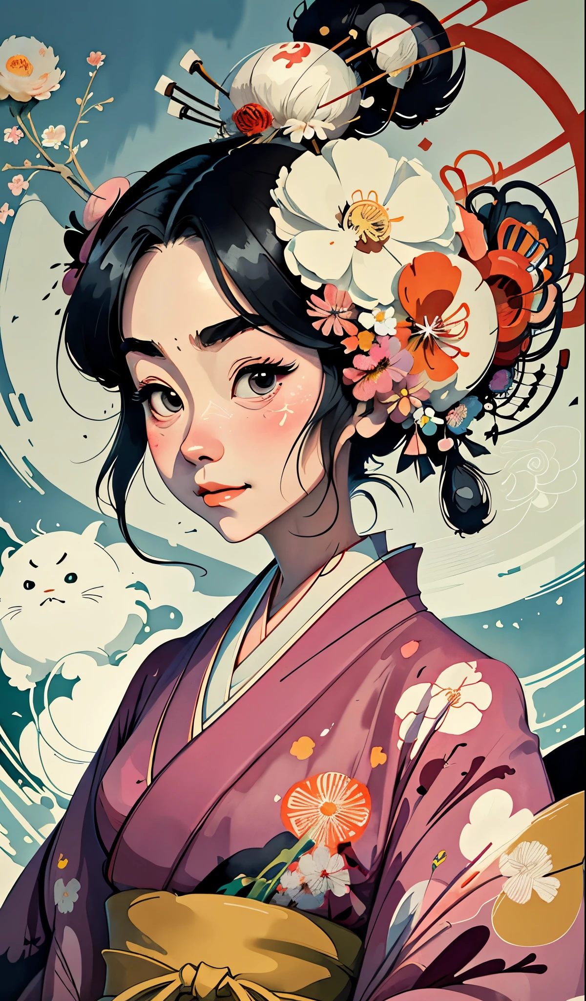 8K, top-quality, hight resolution, Bauhaus, shapes, lines, abstract, Bishoujo 1 25 years old, Flower steamed buns,A slight smil, (traditional Japanese kimono:1.3)、Luxury kimono、no wrinkles at all,watercolor paiting, (Flower hair ornament:1.3), Bauhaus, shapes, lines, abstract, style of studio ghibli hayao Miyazaki