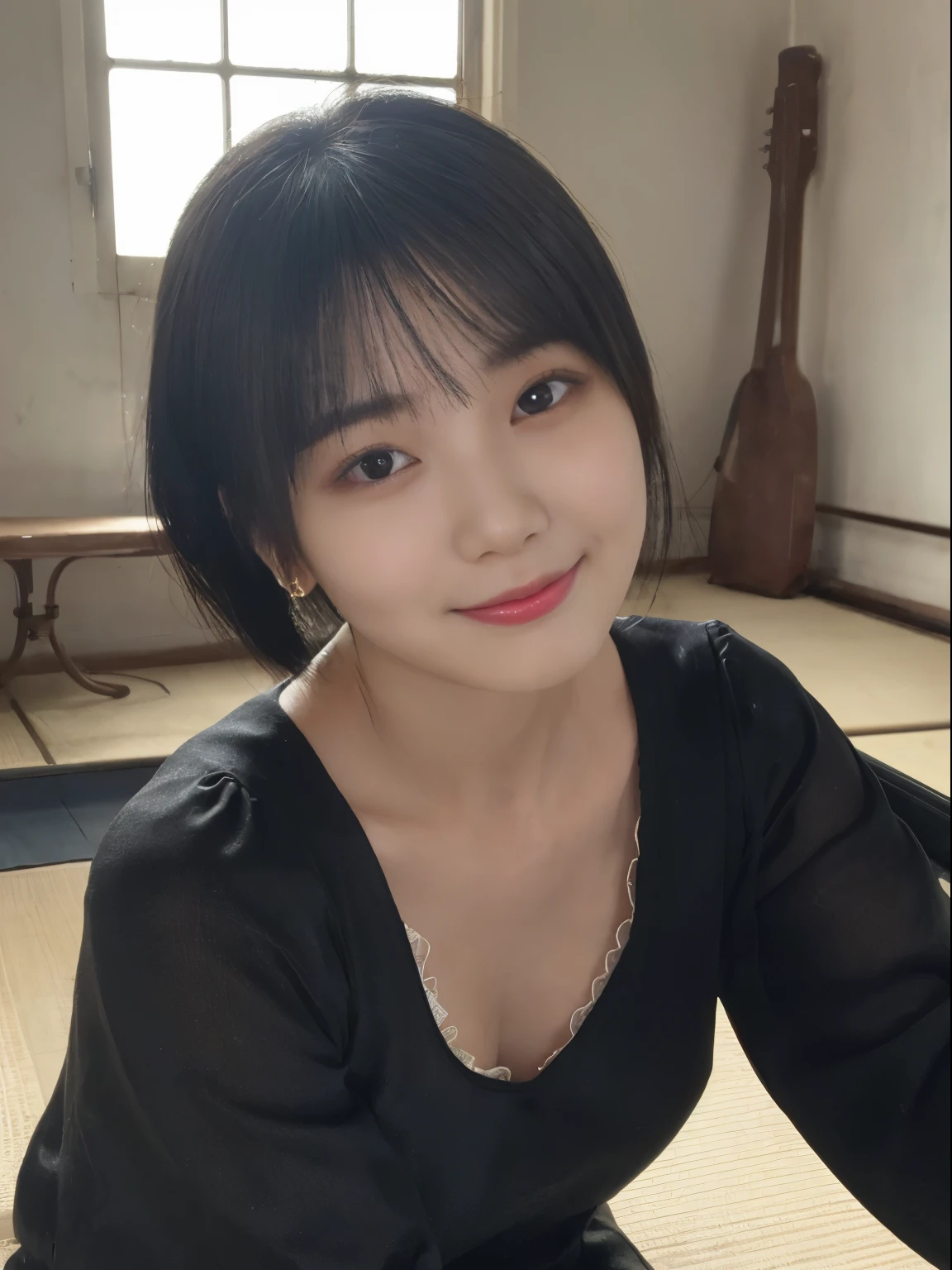(surrealism, RAW photo, nikon, 8k, Super detailed, masterpiece, advanced details, intricate details, Super detaileded, realistic lighting), 
(anatomically correct, Highly accurate human body, highly detailed face, realistic skin, realistic depiction of characters), 
(16 years old, Japanese younger sister, Japanese high school girl, slim waist and busty body, baby face, sister girl, affectionate cute, pretty girl, surreal girl), 
(round face, black hair, short bob cut, see through bang, Lowered eyebrows, troubled eyebrows, lowered eyebrows, Moist eyes, one small earring, light blush), 
(elegant smile), 
(Maxi Long Skirt, thin long sleeve shirt), 
Natural light, full length, whole body