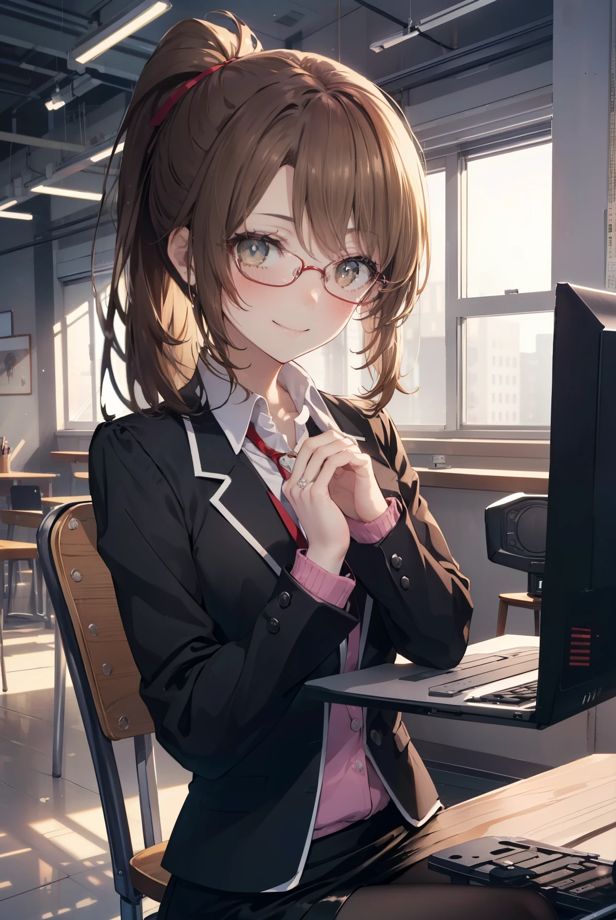 irohaisshiki, iroha isshiki, long hair, brown hair, (brown eyes:1.5), ponytail,smile,OL, red glasses, end, black suit jacket, collared jacket, white dress shirt, collared shirt, neckline, button, strap, ID card on the neck, black pencil skirt, black pantyhose, smile, blush, looking at the viewer, charm, Mechanical,On a computer,sitting in a chair, interior,touch typing , 
break indoors, office,
break (masterpiece:1.2), highest quality, High resolution, unity 8k wallpaper, (figure:0.8), (detailed and beautiful eyes:1.6), highly detailed face, perfect lighting, Very detailed CG, (perfect hands, perfect anatomy),
