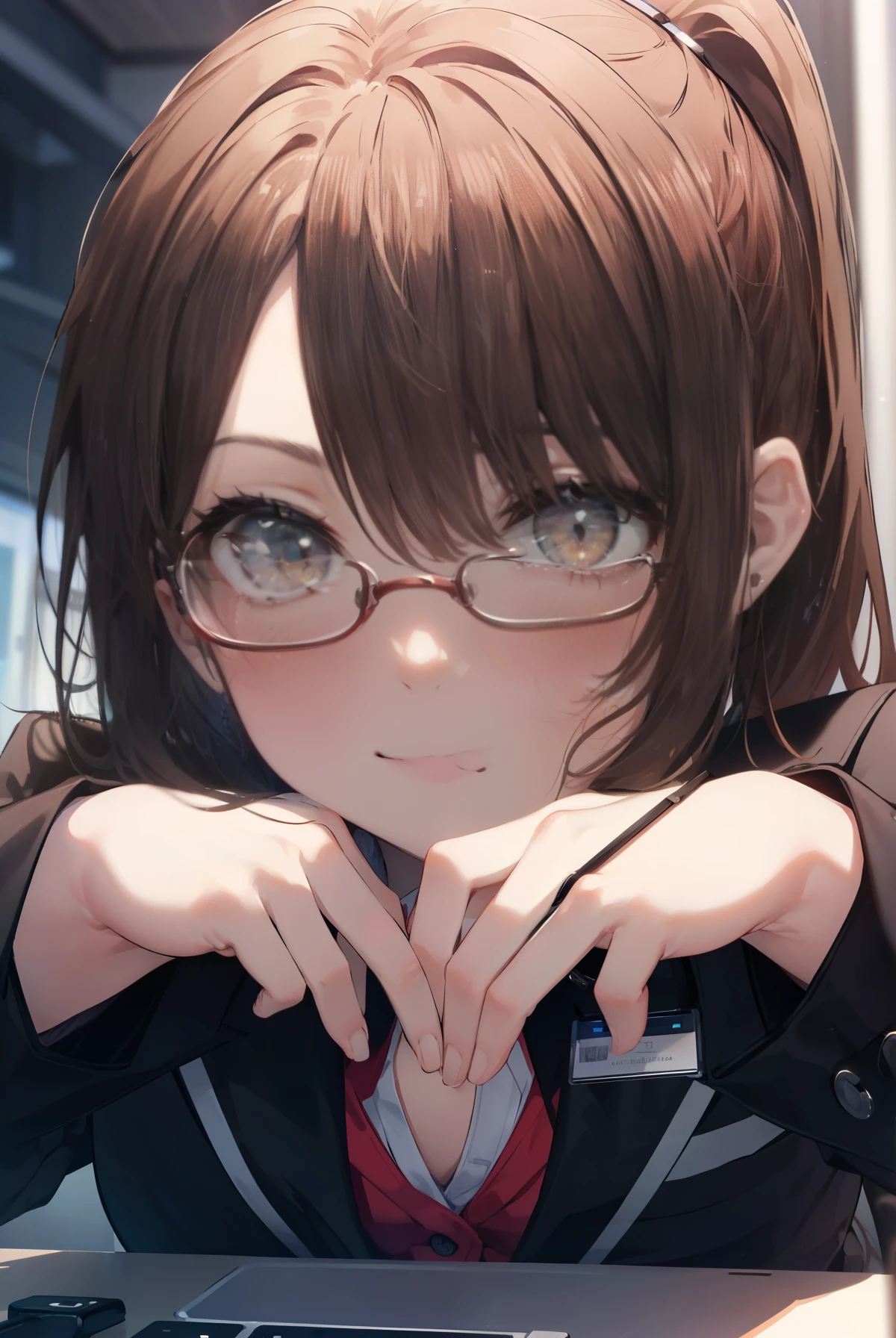 irohaisshiki, iroha isshiki, long hair, brown hair, (brown eyes:1.5), ponytail,smile,OL, red glasses, end, black suit jacket, collared jacket, white dress shirt, collared shirt, neckline, button, strap, ID card on the neck, black pencil skirt, black pantyhose, smile, blush, looking at the viewer, charm, Mechanical,On a computer,sitting in a chair, interior,touch typing ,
break indoors, office,
break (masterpiece:1.2), highest quality, High resolution, unity 8k wallpaper, (figure:0.8), (detailed and beautiful eyes:1.6), highly detailed face, perfect lighting, Very detailed CG, (perfect hands, perfect anatomy),