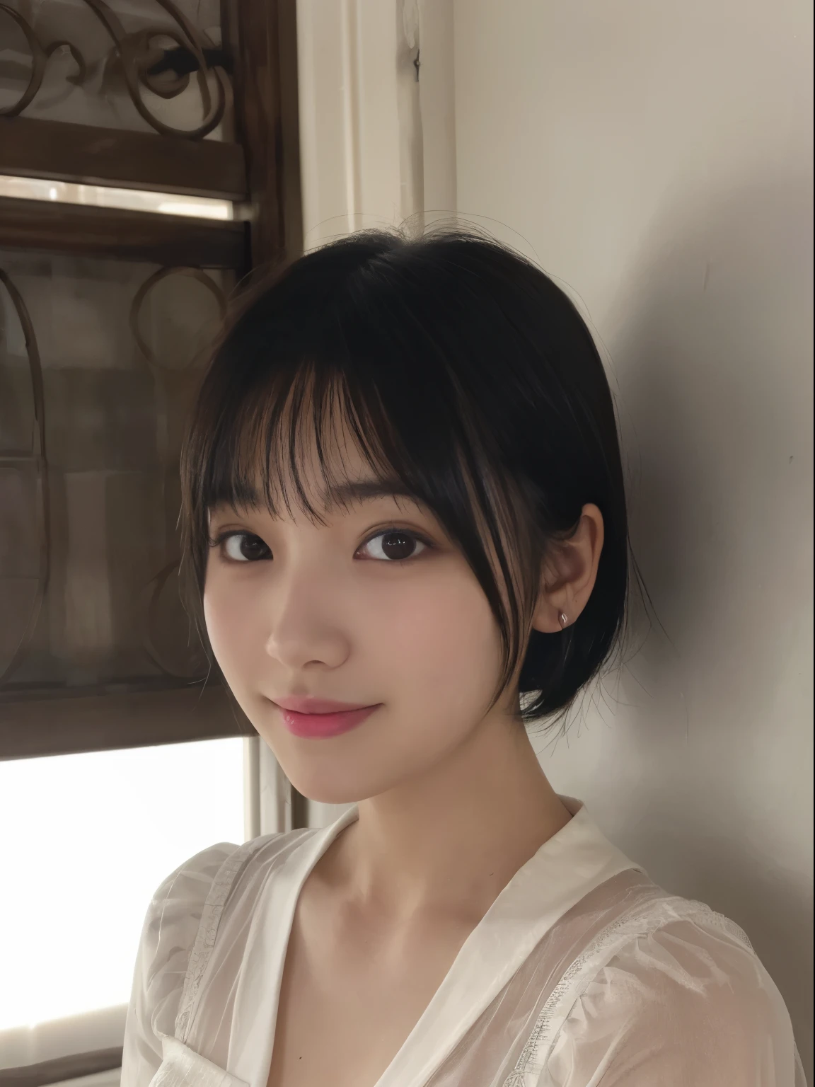 (surrealism, RAW photo, nikon, 8k, Super detailed, masterpiece, advanced details, intricate details, Super detaileded, realistic lighting),
(anatomically correct, Highly accurate human body, highly detailed face, realistic skin, realistic depiction of characters),
(, Japanese younger sister, Japanese high school girl, slim waist and busty body, baby face, sister girl, affectionate cute, pretty girl, surreal girl),
(round face, black hair, short bob cut, see through bang, Lowered eyebrows, troubled eyebrows, lowered eyebrows, Moist eyes, one small earring, light blush),
(elegant smile),
(Maxi Long Skirt, thin long sleeve shirt),
Natural light, full length, whole body
