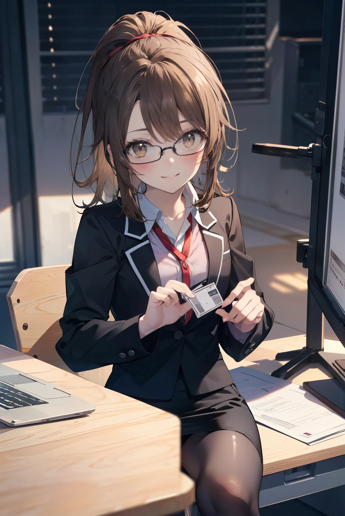 irohaisshiki, iroha isshiki, long hair, brown hair, (brown eyes:1.5), ponytail,smile,OL, red glasses, end, black suit jacket, collared jacket, white dress shirt, collared shirt, neckline, button, strap, ID card on the neck, black pencil skirt, black pantyhose, smile, blush, looking at the viewer, charm, Mechanical,On a computer,sitting in a chair, interior,touch typing , 
break indoors, office,
break (masterpiece:1.2), highest quality, High resolution, unity 8k wallpaper, (figure:0.8), (detailed and beautiful eyes:1.6), highly detailed face, perfect lighting, Very detailed CG, (perfect hands, perfect anatomy),