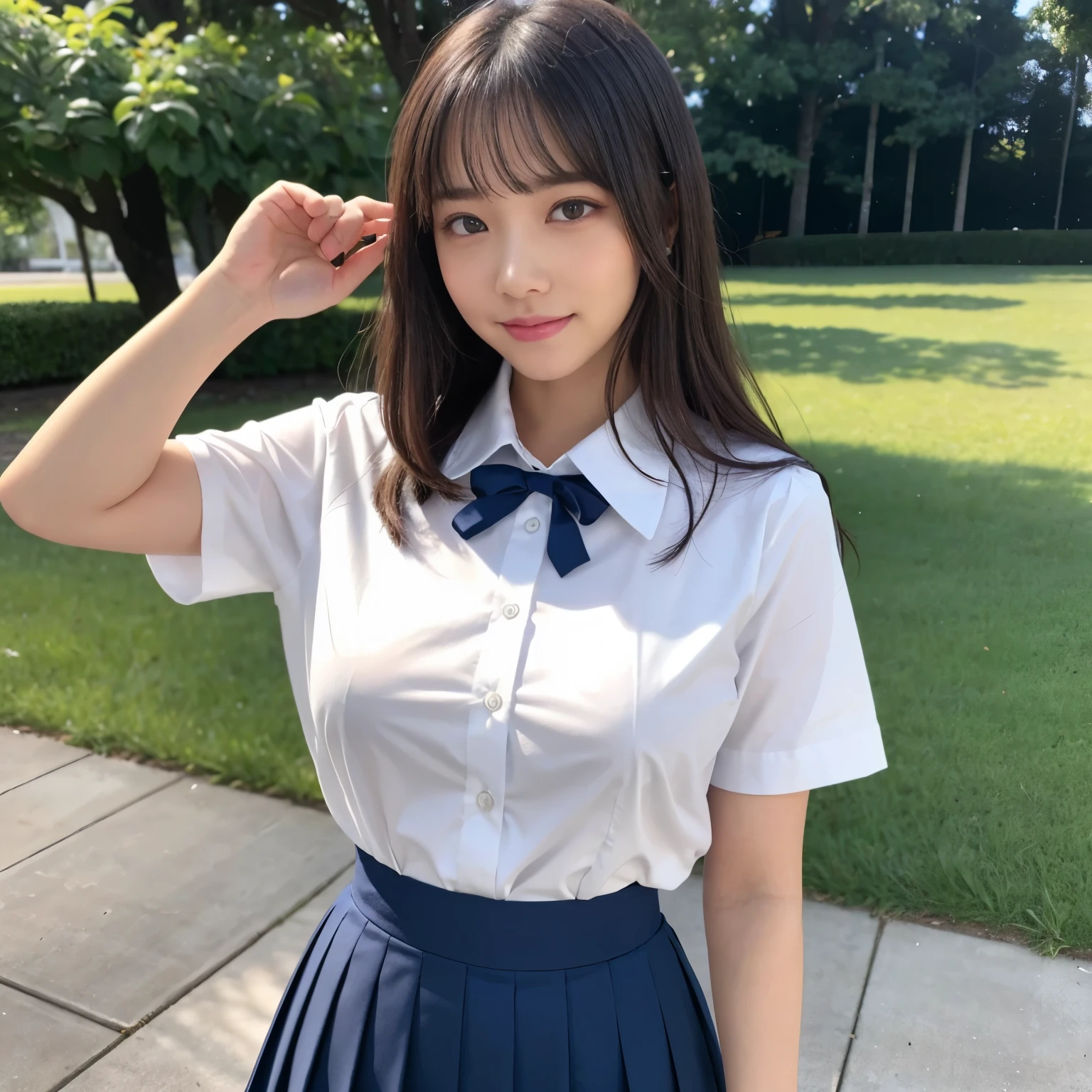 (masterpiece、highest quality、ultra high resolution、8k)、(1 very cute 14 year old girl:1.3)、Naïve girl、(perfect anatomy:1.1)、(big breasts:1.2)、(emphasize the bust line:1.2)、(White polyester shirt from high school:1.2)、(navy pleated skirt:1.2)、(Uniform ribbon that fits perfectly on the chest:1.2)、(beautiful glowing skin:1.2)、Moist eyes、brown shiny hair、Colors and landscapes of youth、feeling of love、outside、A shy smile looked at me、(very bright and refreshing:1.2)、Ultra high definition beauty face、ultra high definition hair、Super high-definition sparkling eyes、(ultra high resolutionの艶やかな白い肌:1.1)、ultra high resolutionの艶やかな唇