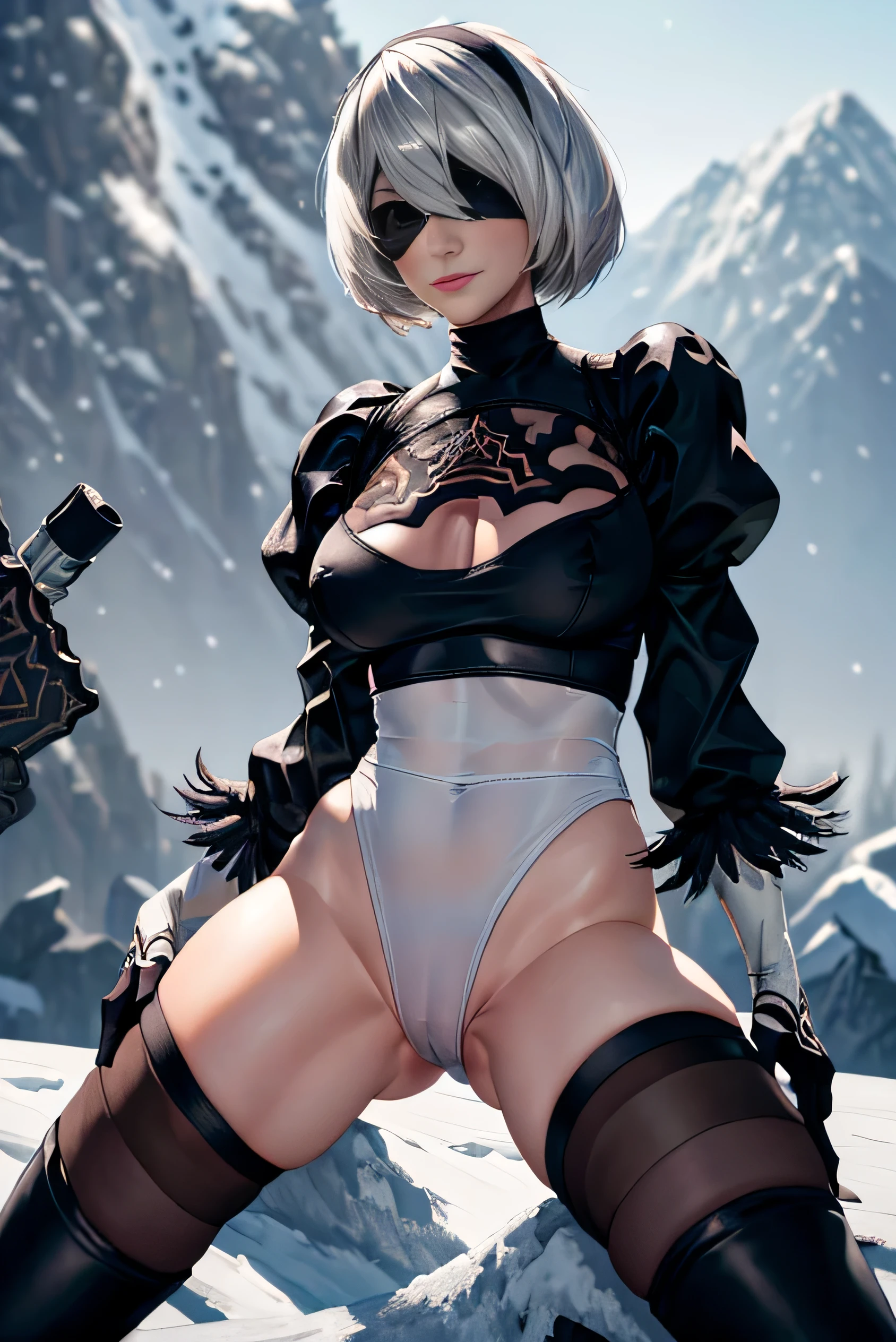 (photorealistic:1.8, highest quality:1.8,8K masterpiece:1.8,High resolution,muste piece:1.8),fantasy,(NieR:Automata,2B:1.9),(black blindfold:1.5),(black hair band,Blake Black Skirt,choker,White High Leg,thigh high boots,Blake Black Skirt,black thigh high socks,Knee-high boots,Cleavage cut,cutting of clothes,high heels,long sleeve),(looking at the camera:1.2),(Photo seen from below:1.3),(bob cut,beautiful shining silver hair:1.5), (Medium chest:1.3),, expression( Impish Smile:1.3)Pause(spread your legs,Seductive pose:1.5),background(snowy mountain area:1.6),(detailed perfect face),normal hands:1.5,normal finger:1:5,normal feet:1.5,(cameltoe)