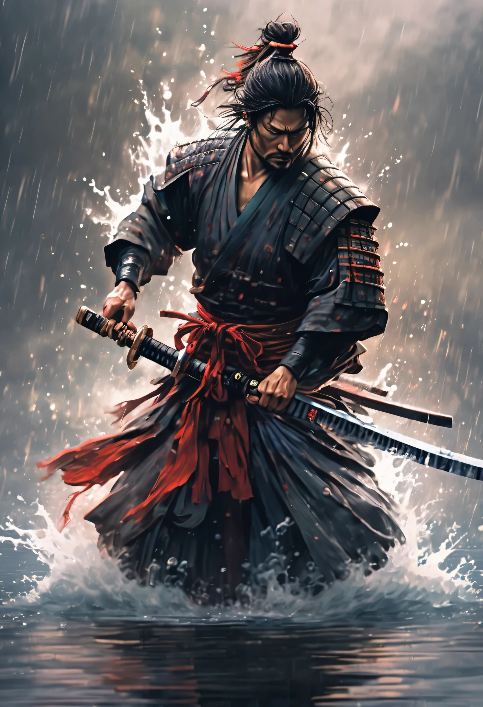 (best quality, Ultra-fine, Samurai emerge from the water, forcefully splash from clothes, One hand holds a katana, fighting, evade, Dodge, actual, photo-actual:1.37), bright colors, sharp focus, Bokeh, (fantasy:1.2),(mystical landscapes), (dynamic poses:1.37), intense gaze, Extraordinary power, mythical power, black and red, rainy day, Wounds on the body, splash, Japanese style)